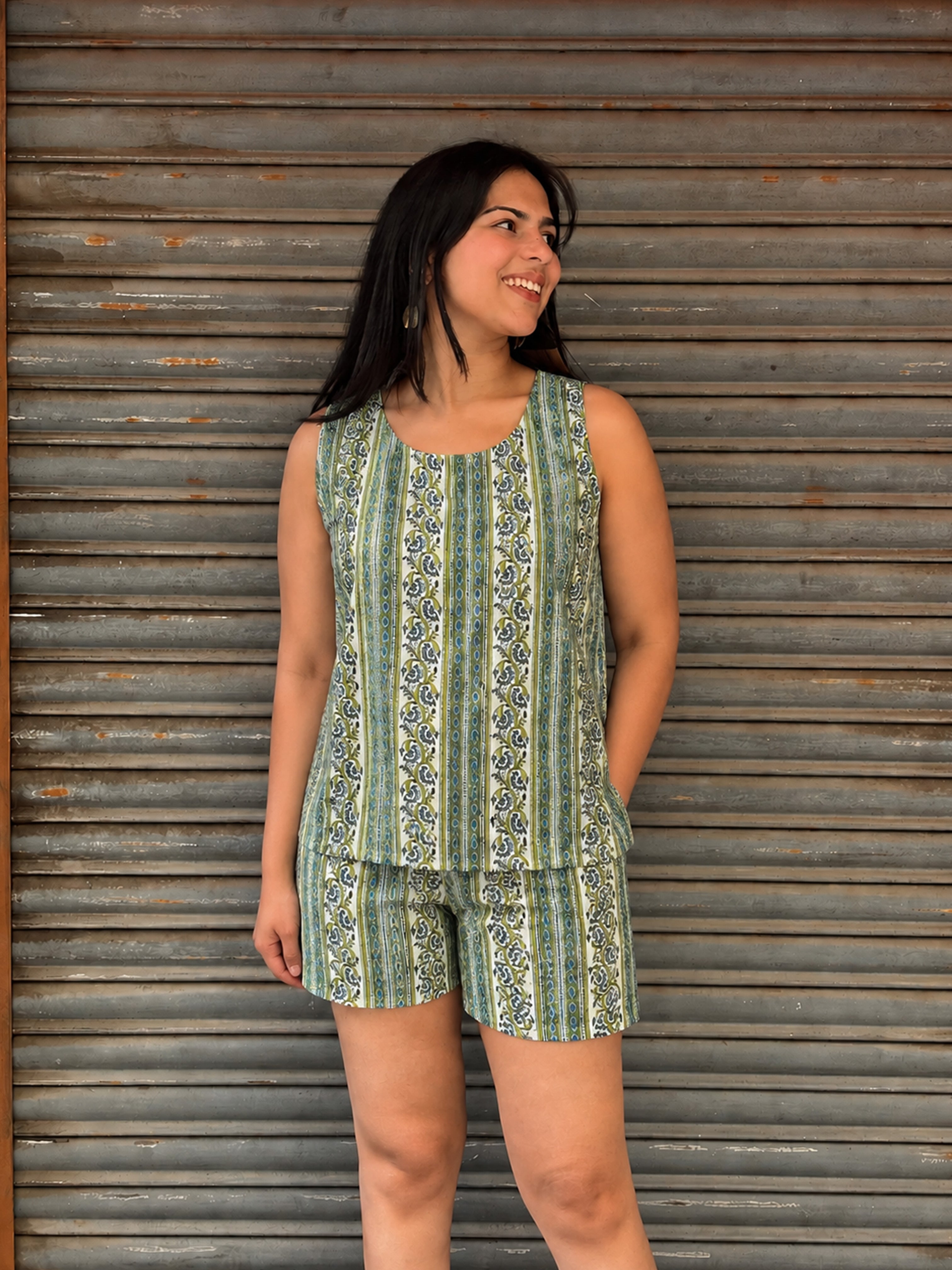 Vatika Hand Block Print Cotton Tank Top with Shorts