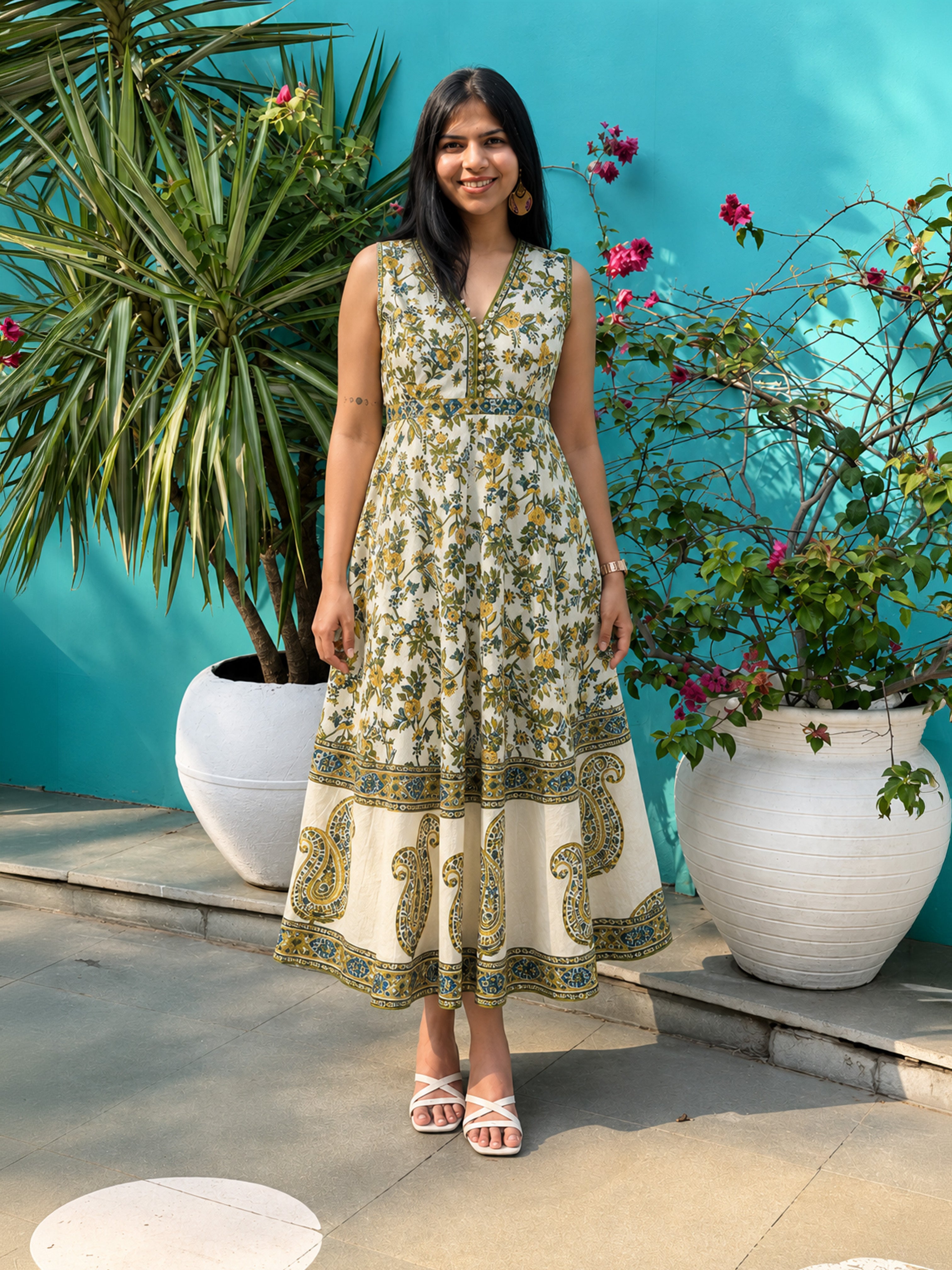 Iyana Hand Block Print Cotton A-Line Dress