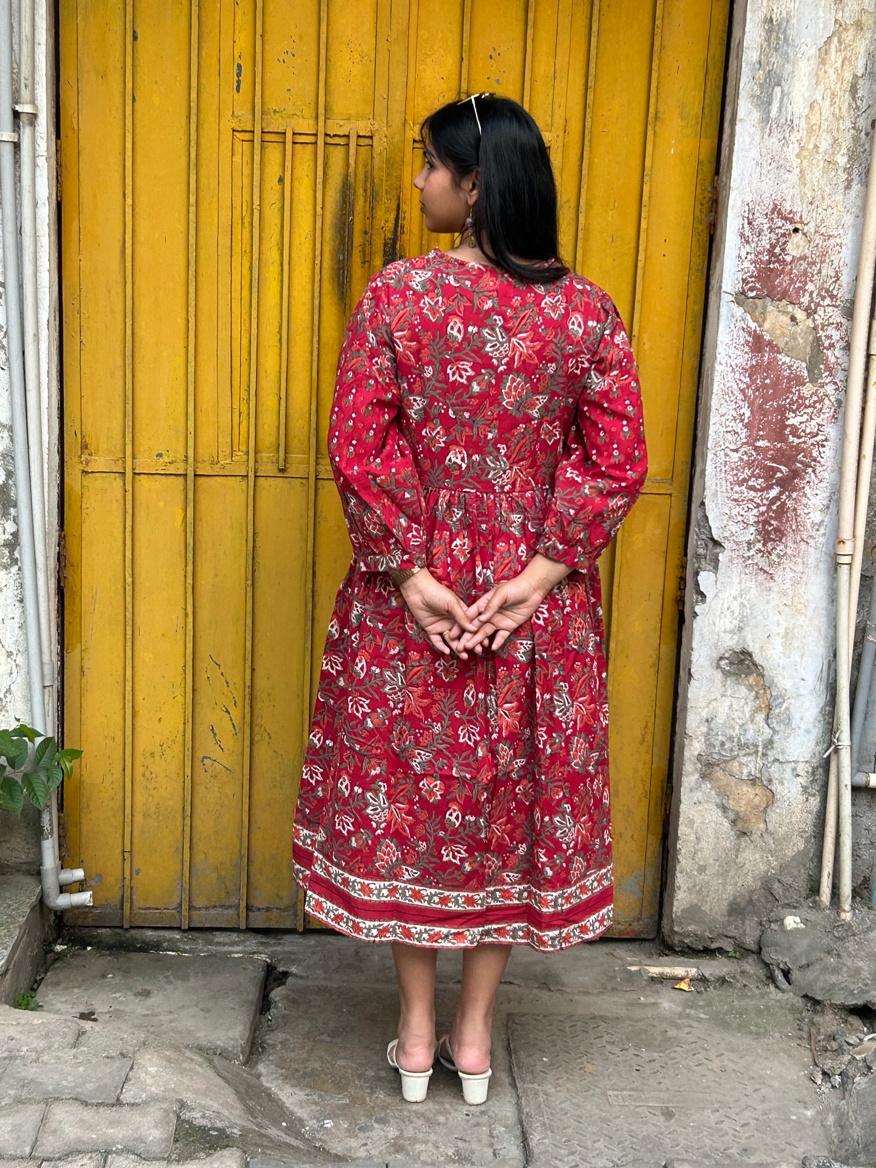 Navira Hand Block Print Cotton A-Line Dress