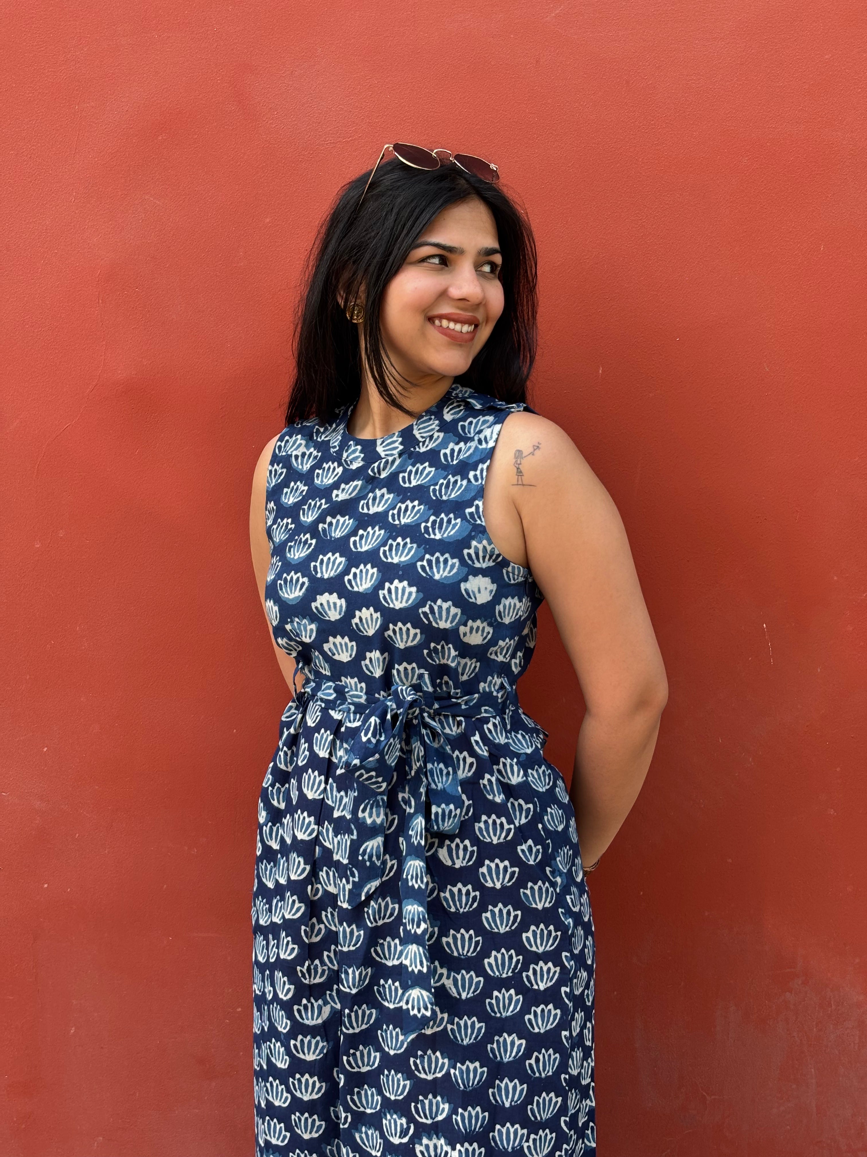 Neel Indigo Hand Block Print Cotton Jumpsuit