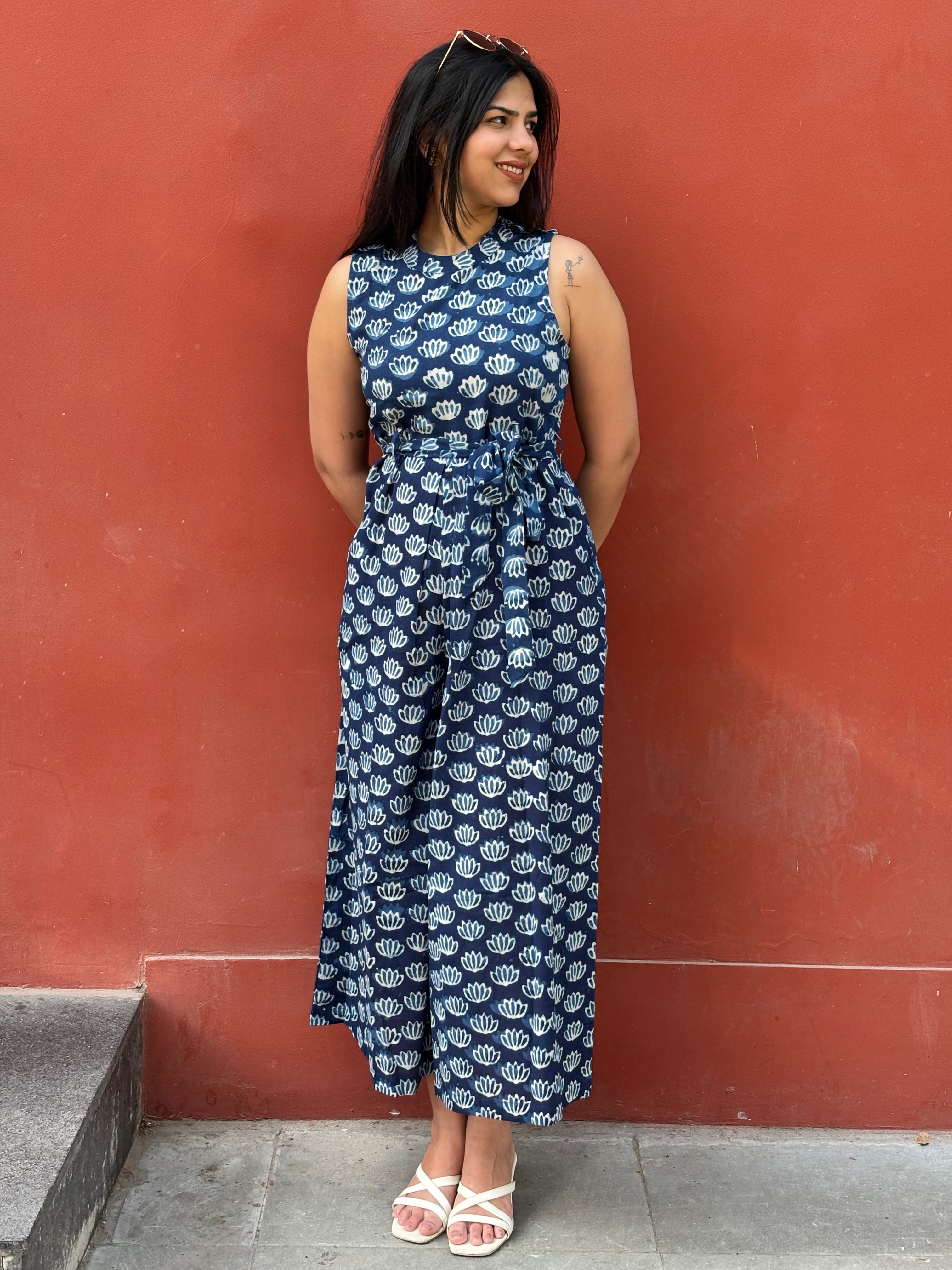 Neel Indigo Hand Block Print Cotton Jumpsuit