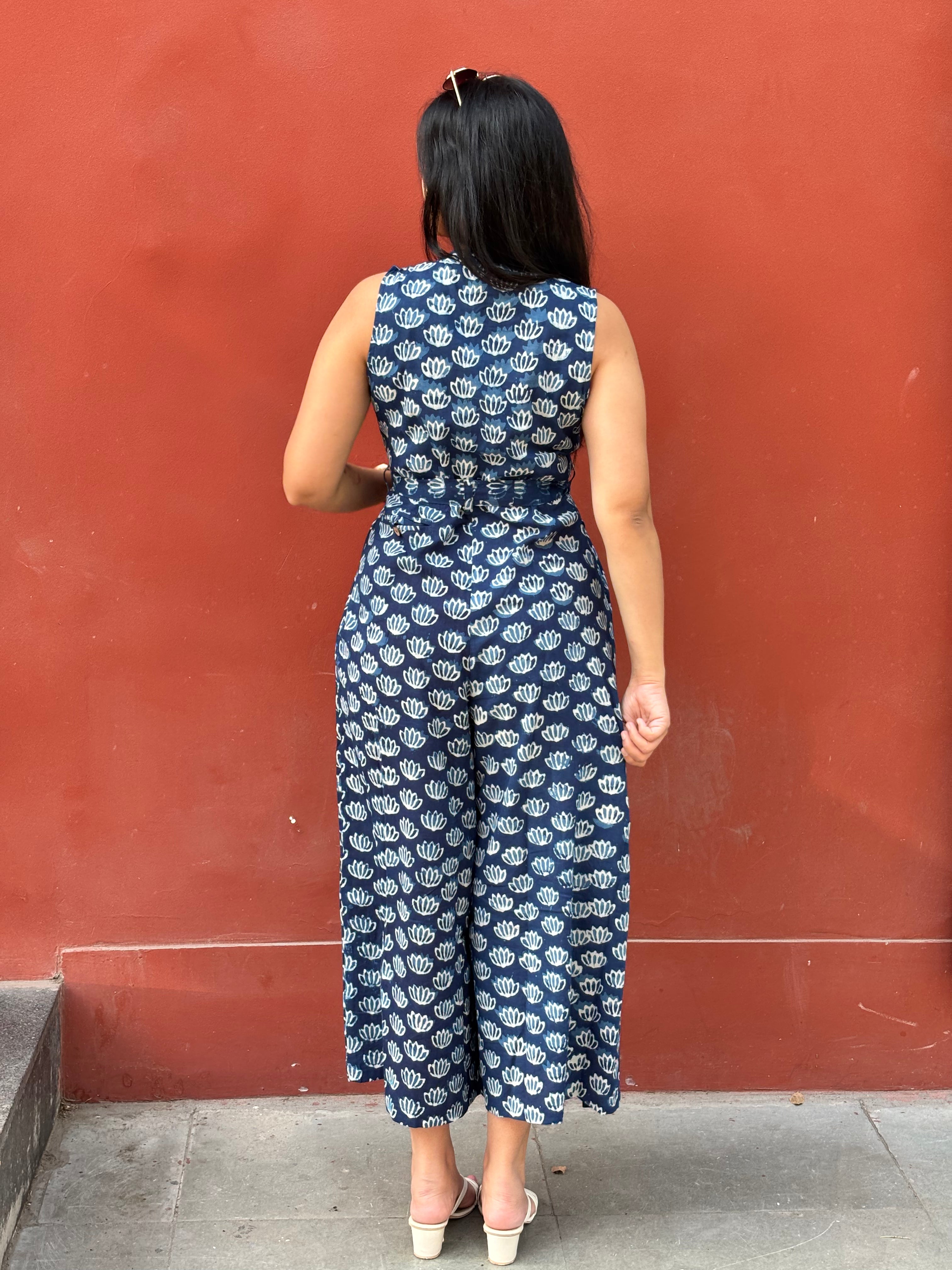 Neel Indigo Hand Block Print Cotton Jumpsuit