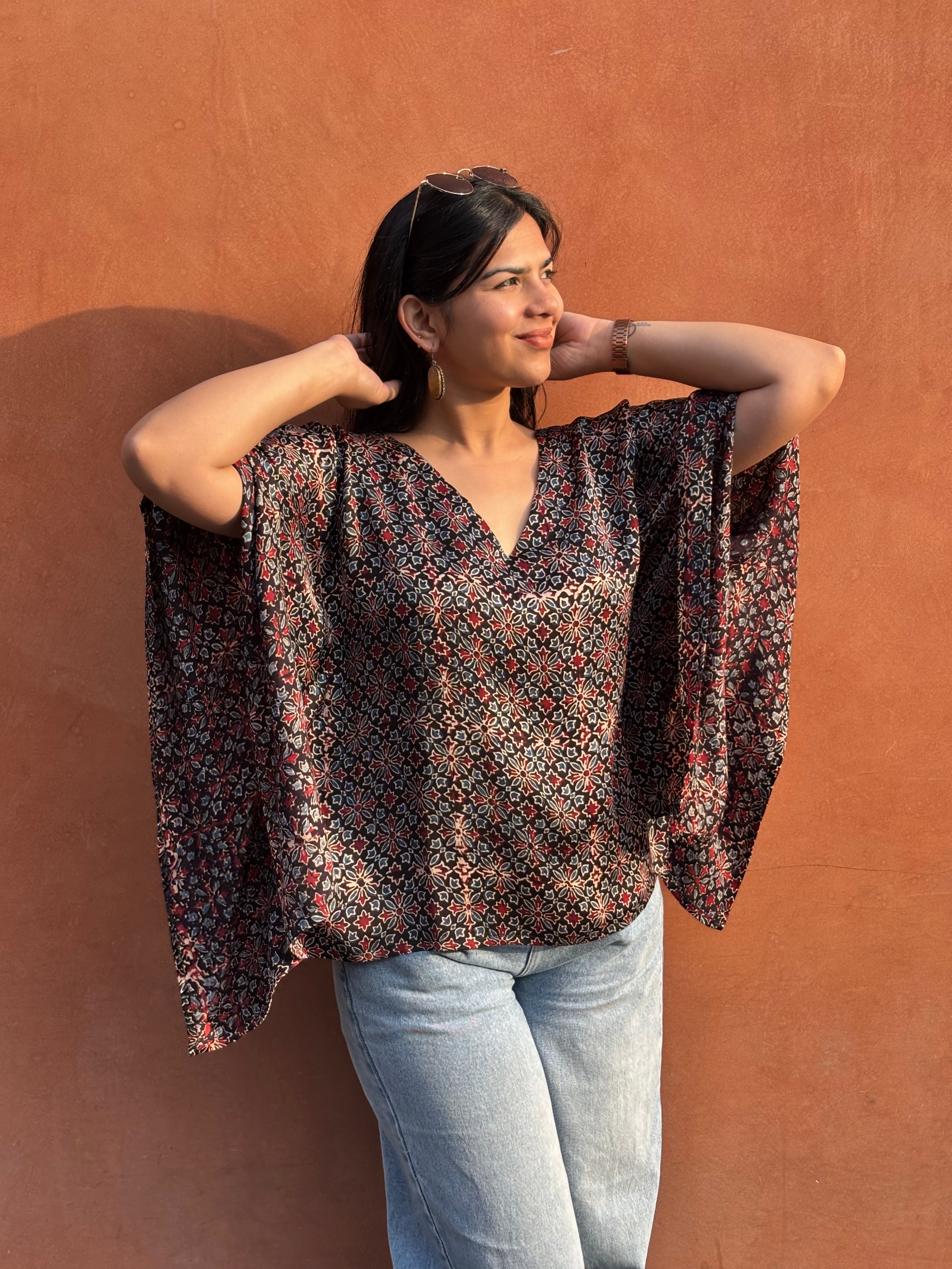 Nysa Ajrakh Hand Block Print Modal Silk Kaftan Top