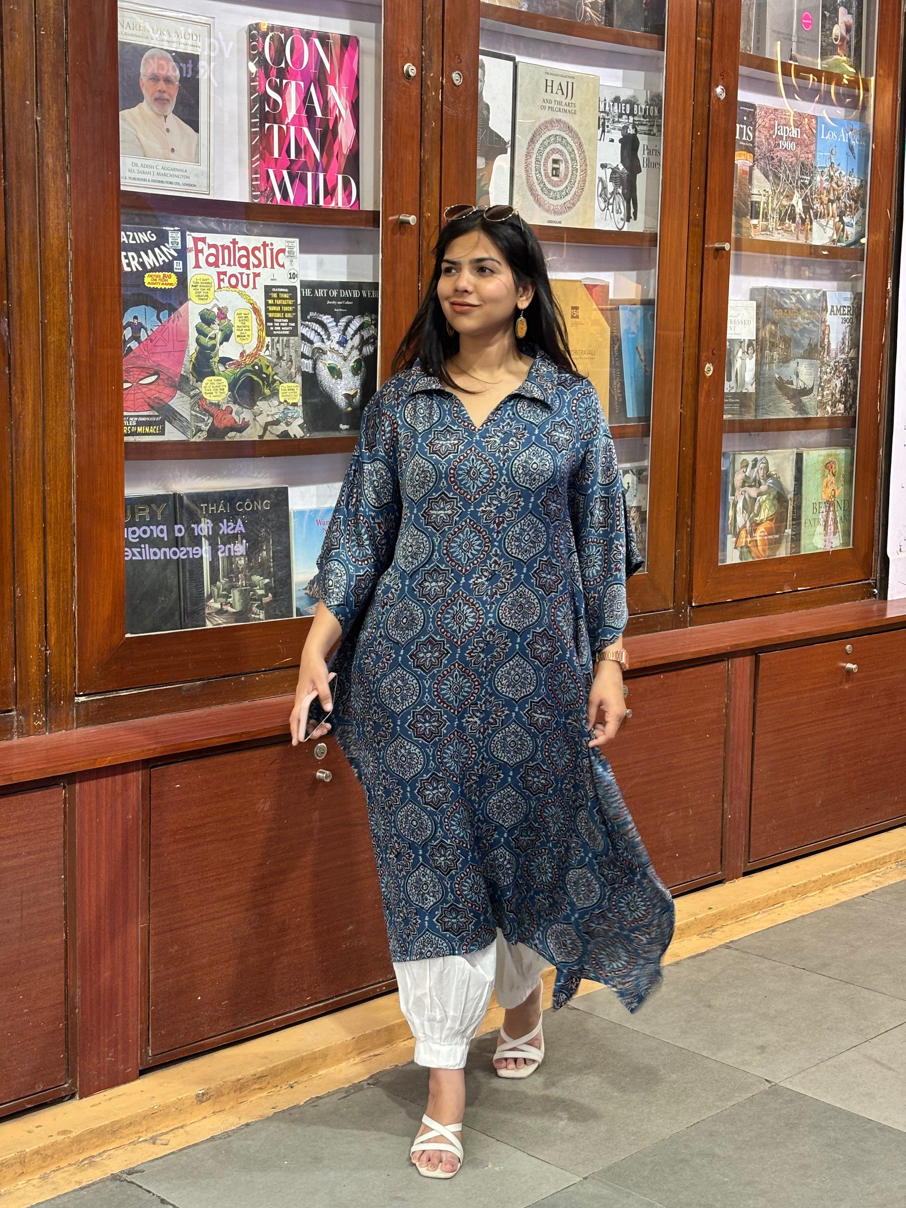Naila Ajrakh Hand Block Print Modal Silk Long Kaftan
