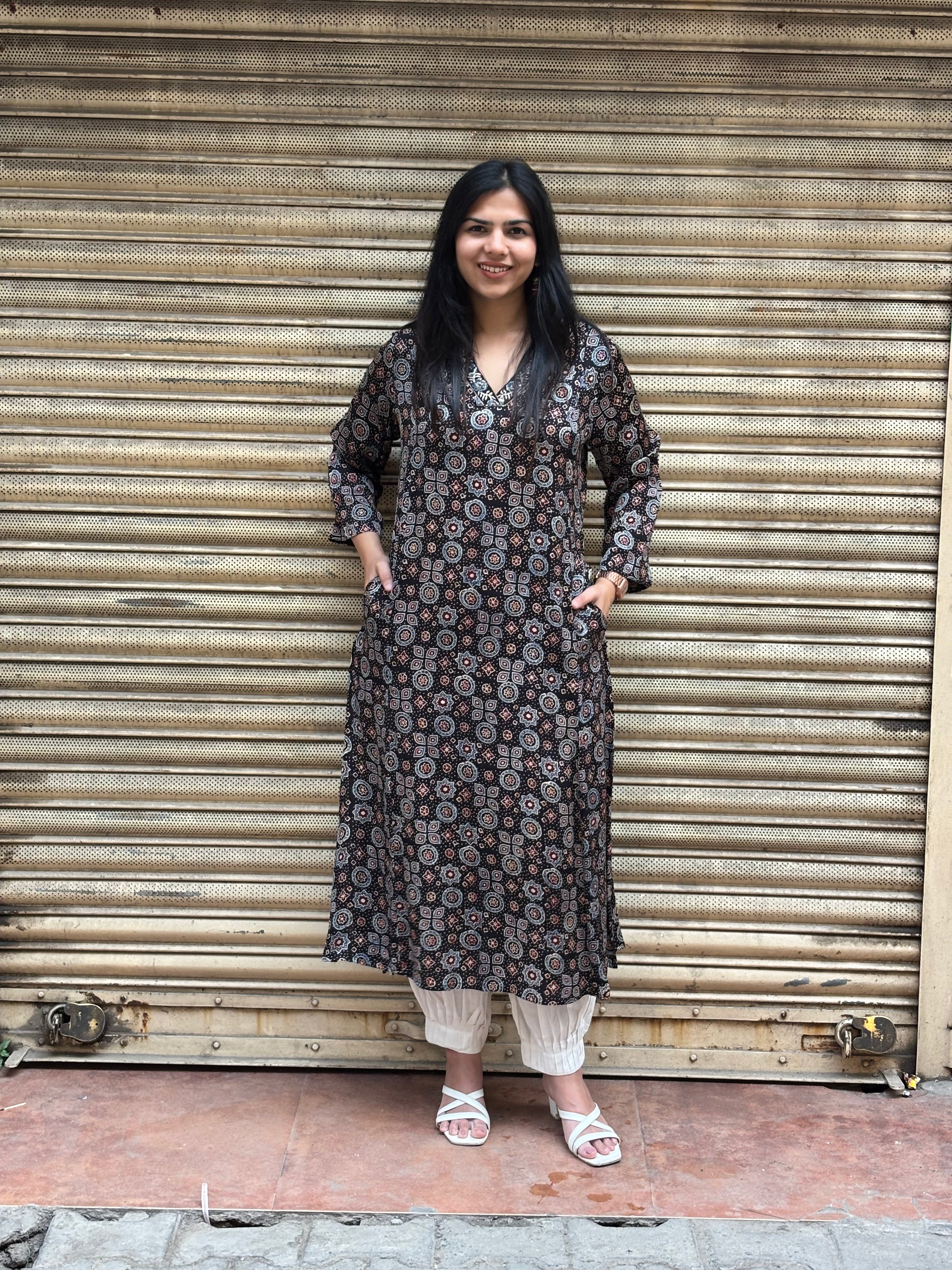 Zaria Ajrakh Hand Block Print Cotton Silk Kurta