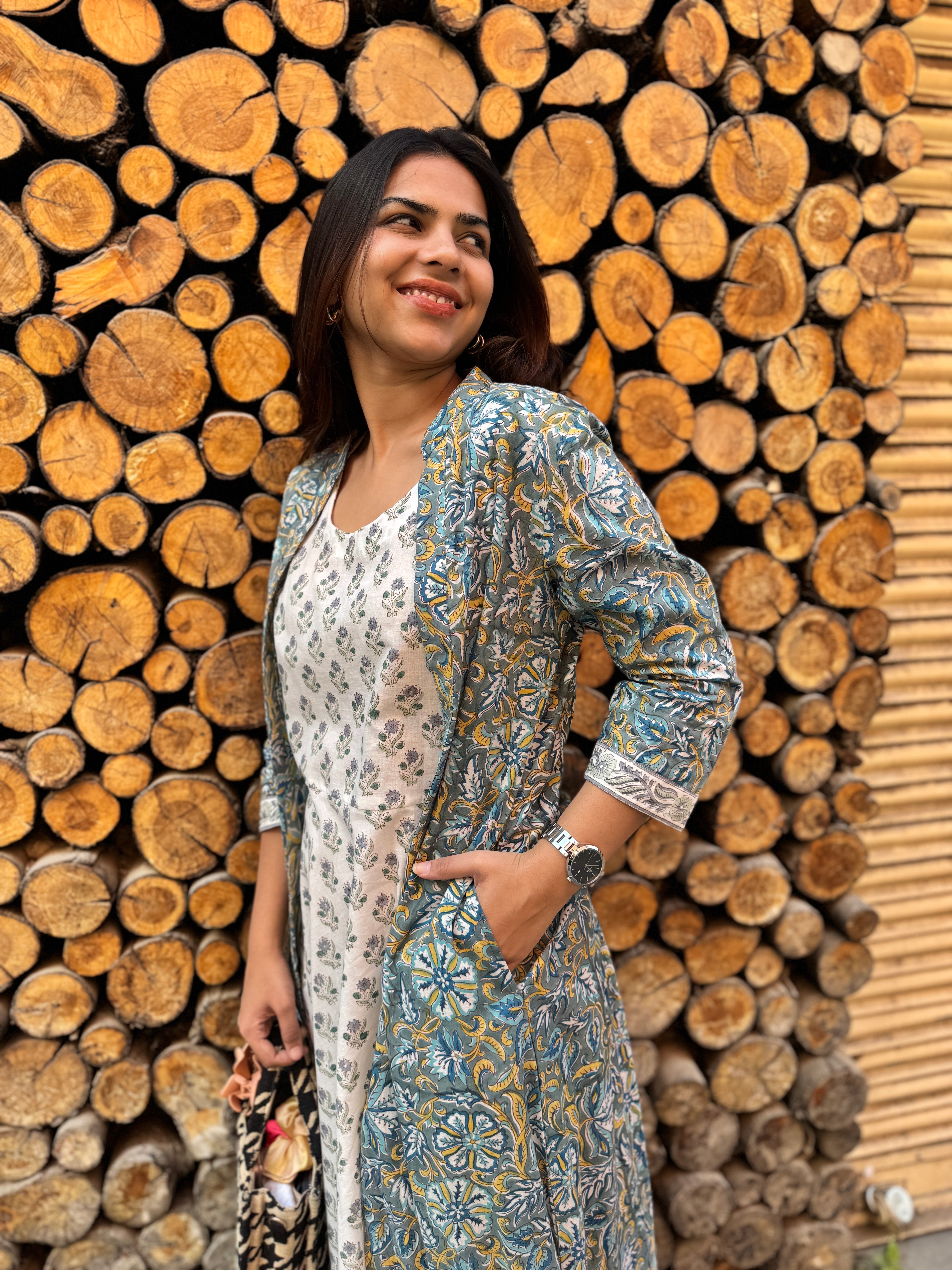 Ira Hand Block Print Cotton Long Double Layer Dress