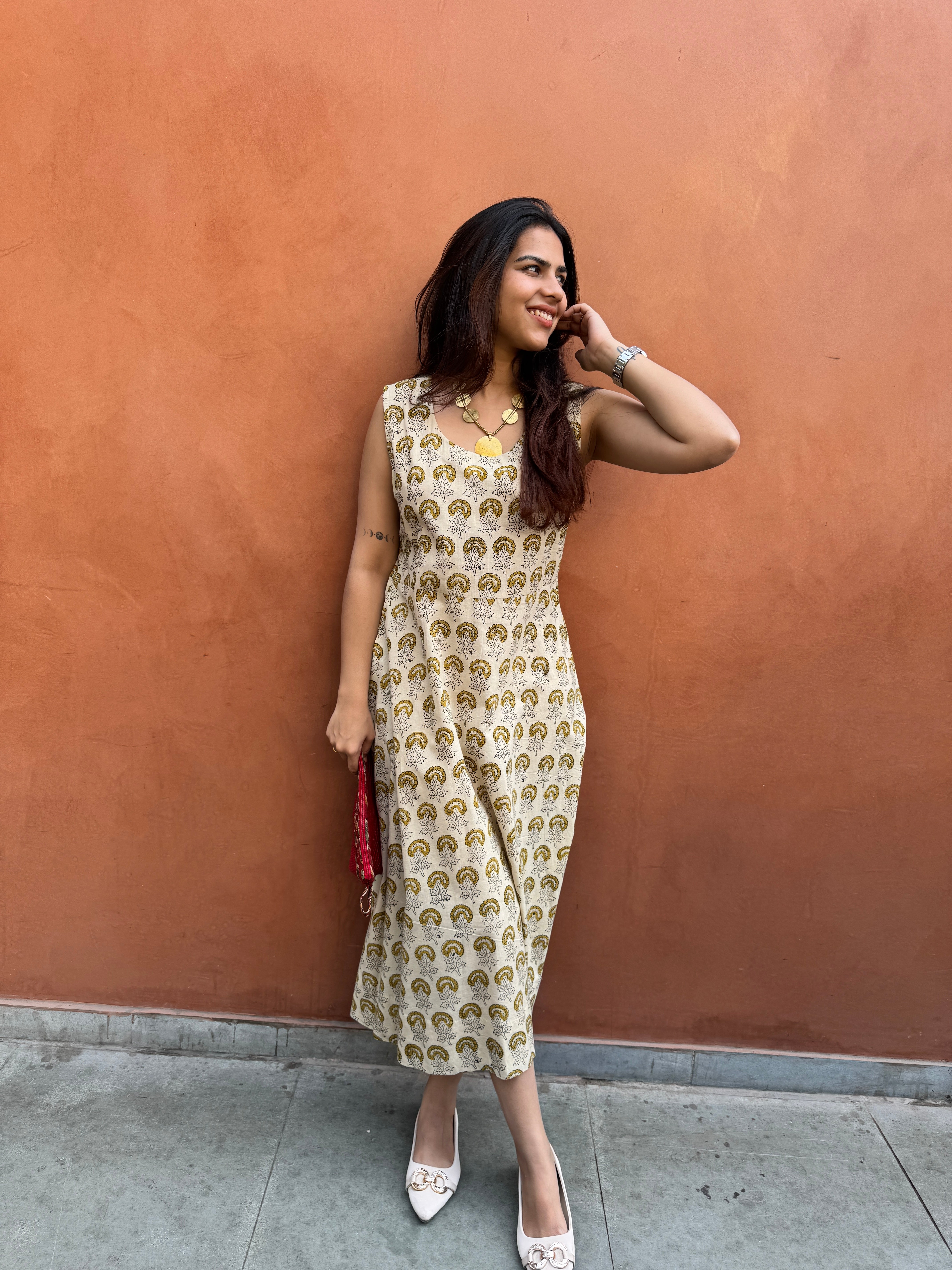 Tarini Kalamakri Hand Block Print Cotton Short Double Layer Dress