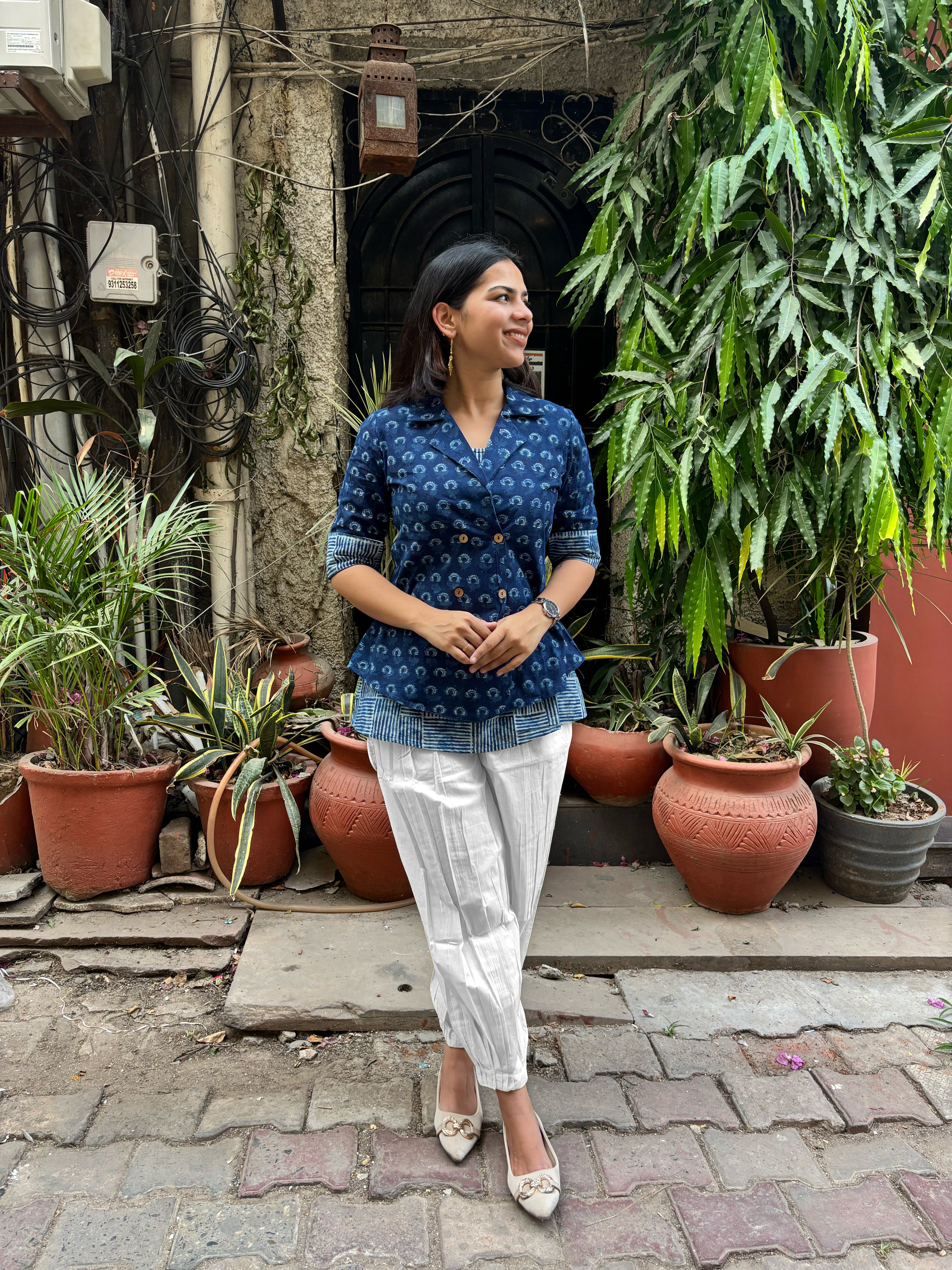 Tarang Indigo Hand Block Print Cotton Double Layer Top