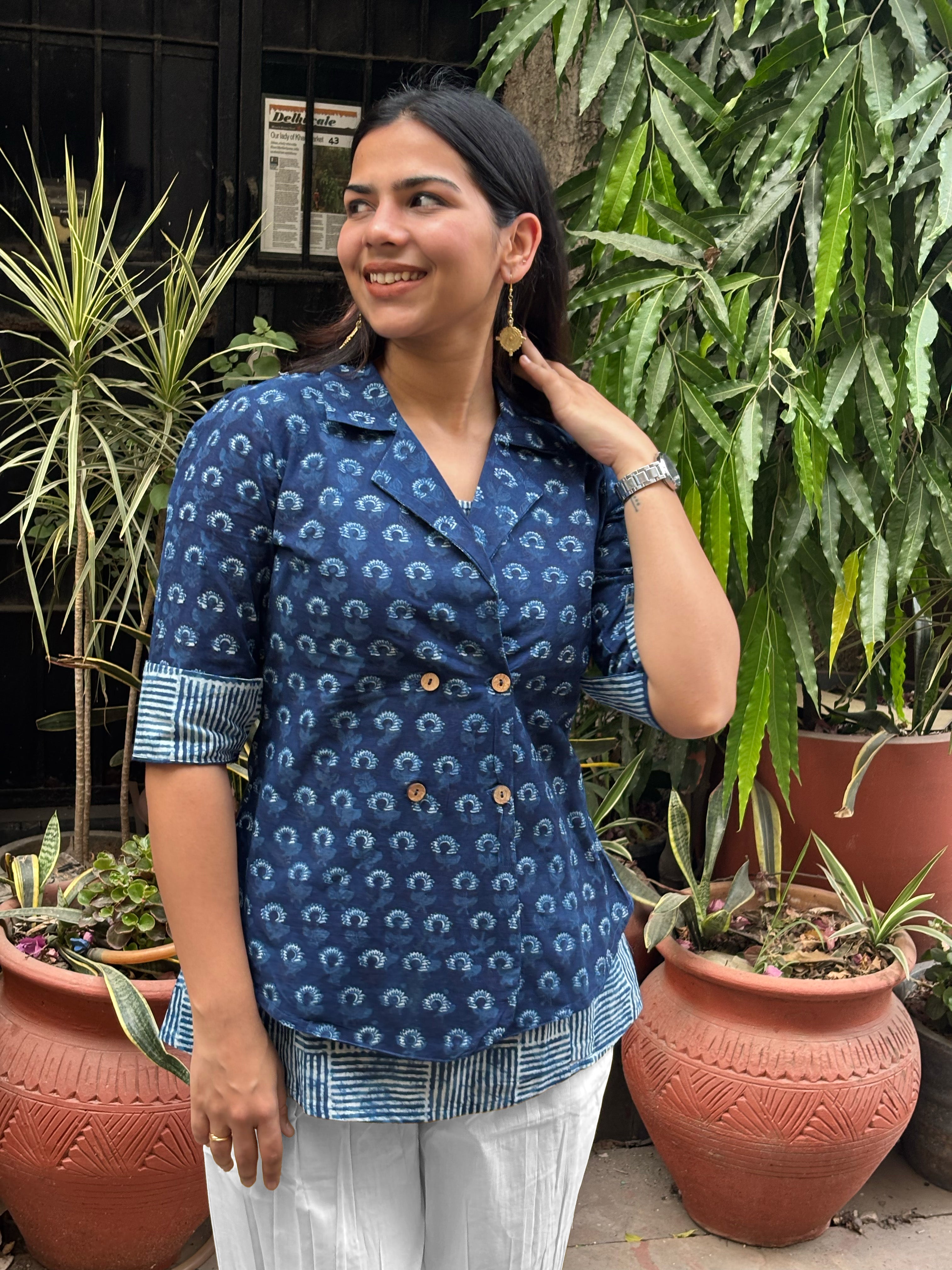 Tarang Indigo Hand Block Print Cotton Double Layer Top