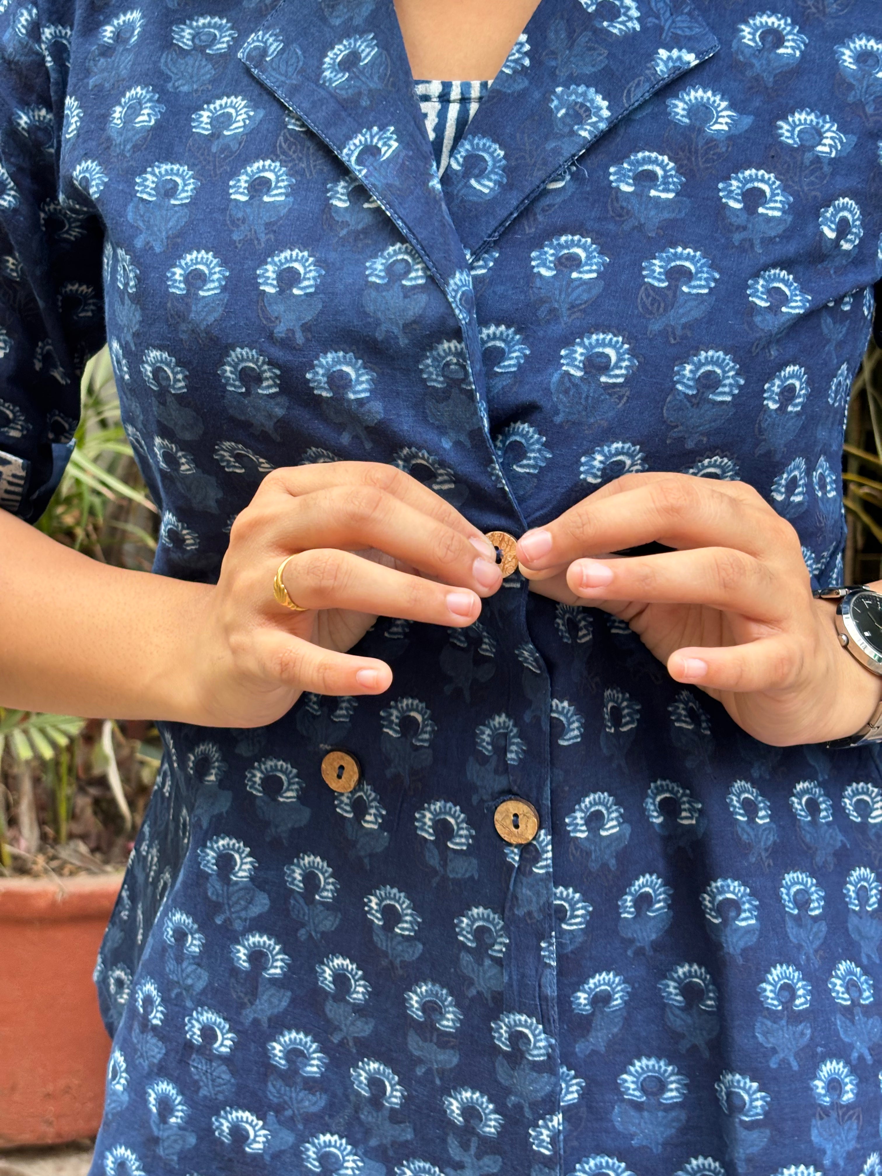 Tarang Indigo Hand Block Print Cotton Double Layer Top