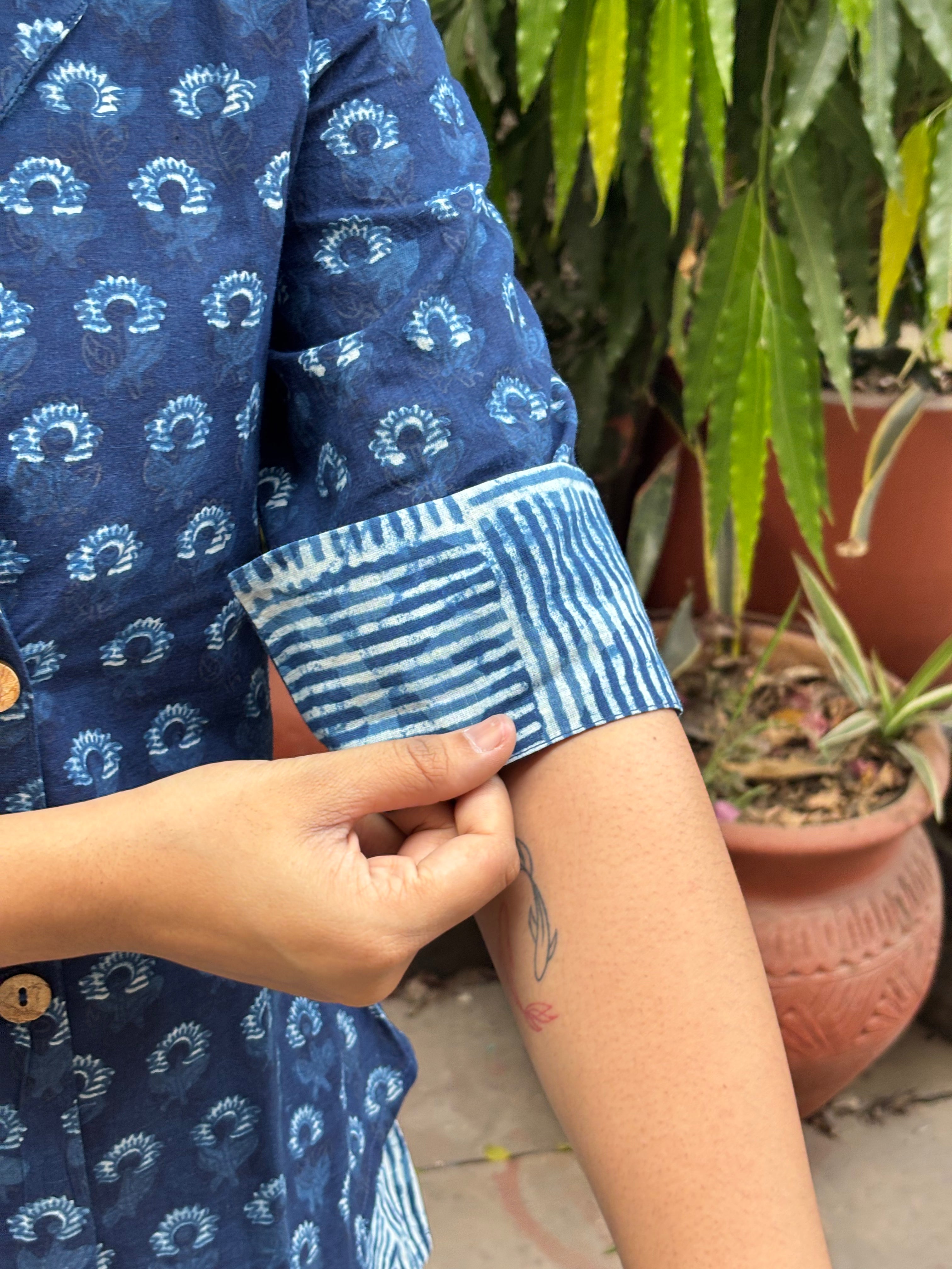 Tarang Indigo Hand Block Print Cotton Double Layer Top