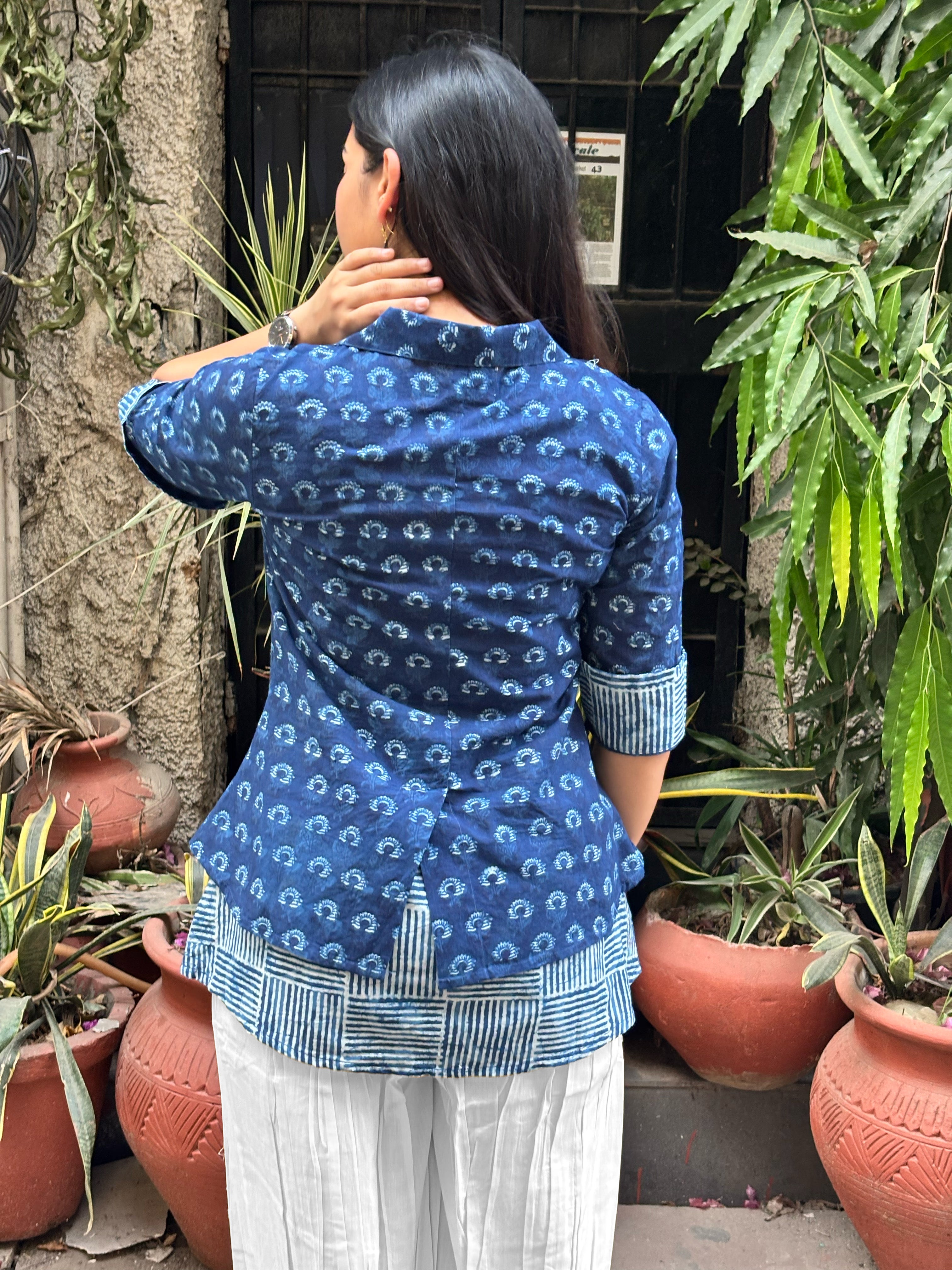 Tarang Indigo Hand Block Print Cotton Double Layer Top