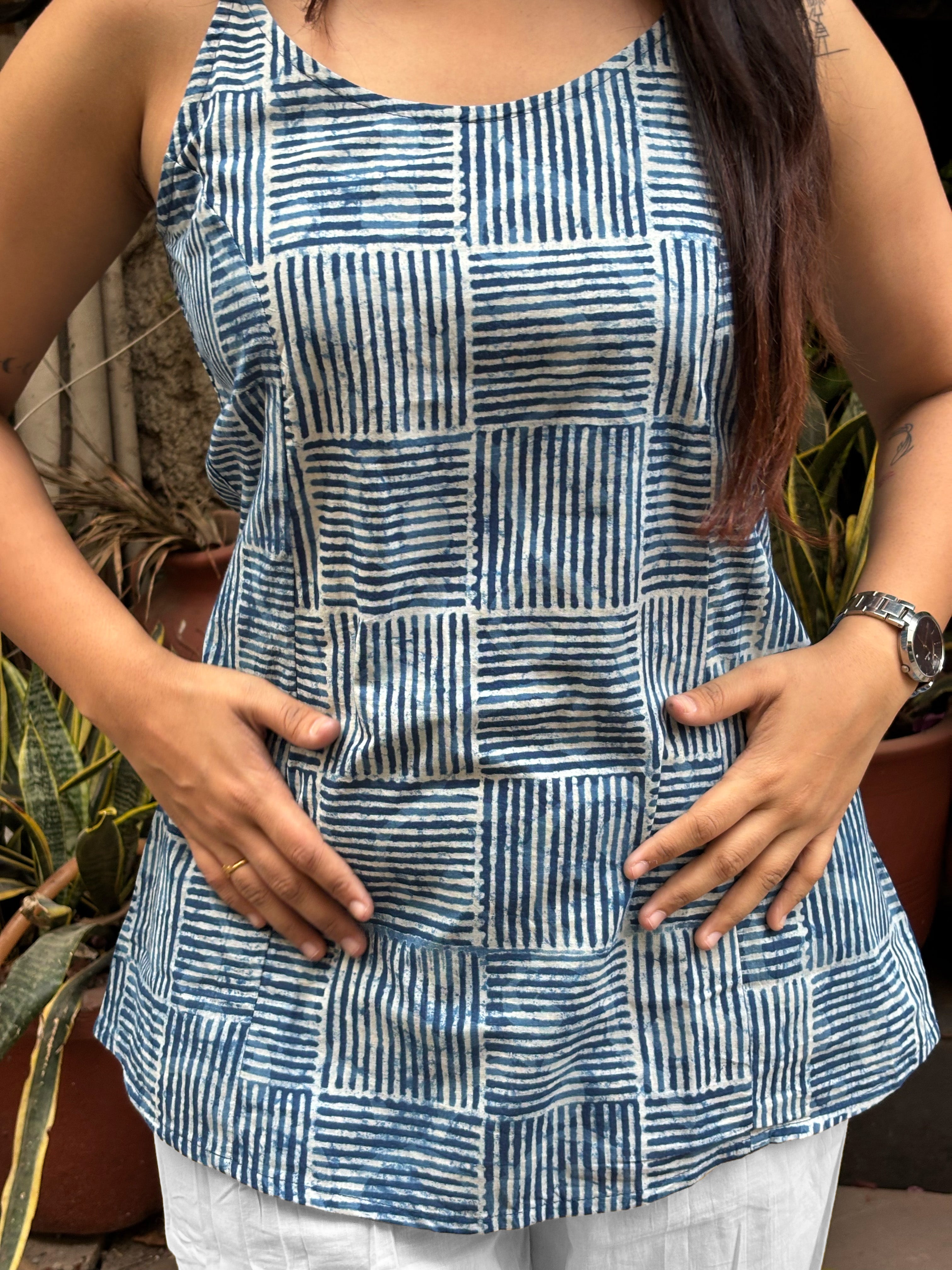 Tarang Indigo Hand Block Print Cotton Double Layer Top