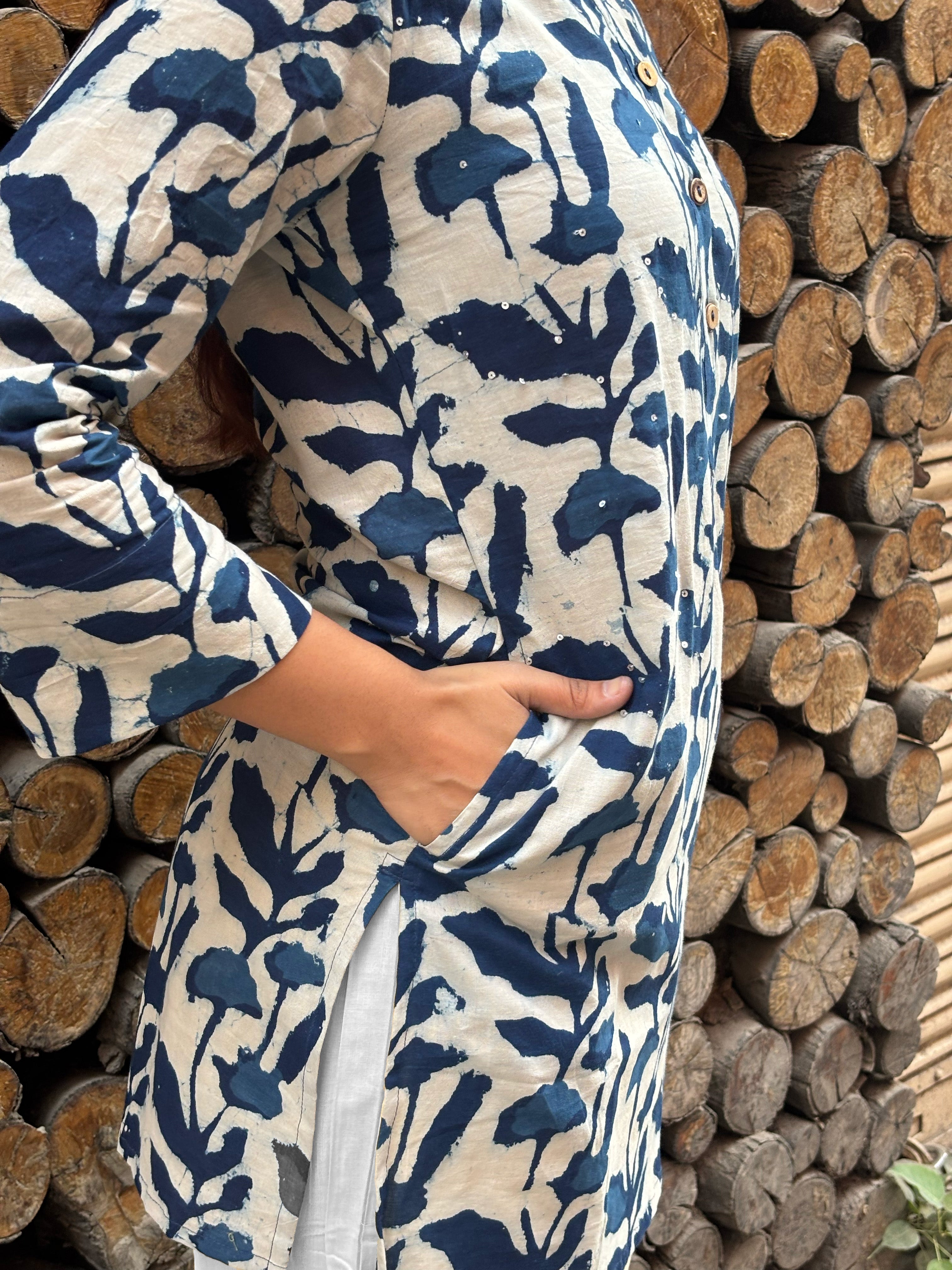 Neer Indigo Hand Block Print Cotton Short Kurti