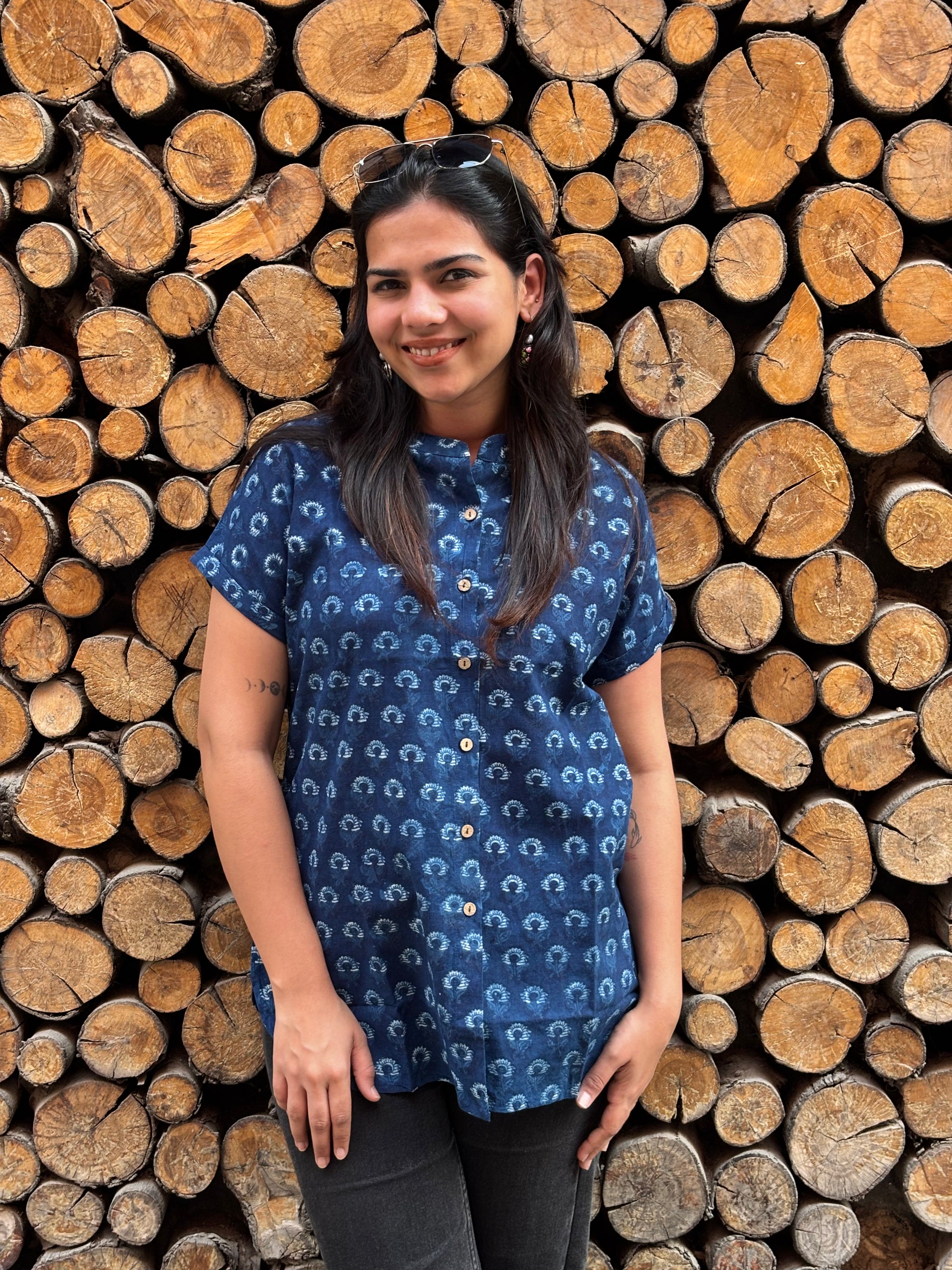 Tarang Indigo Hand Block Print Cotton Double Layer Top