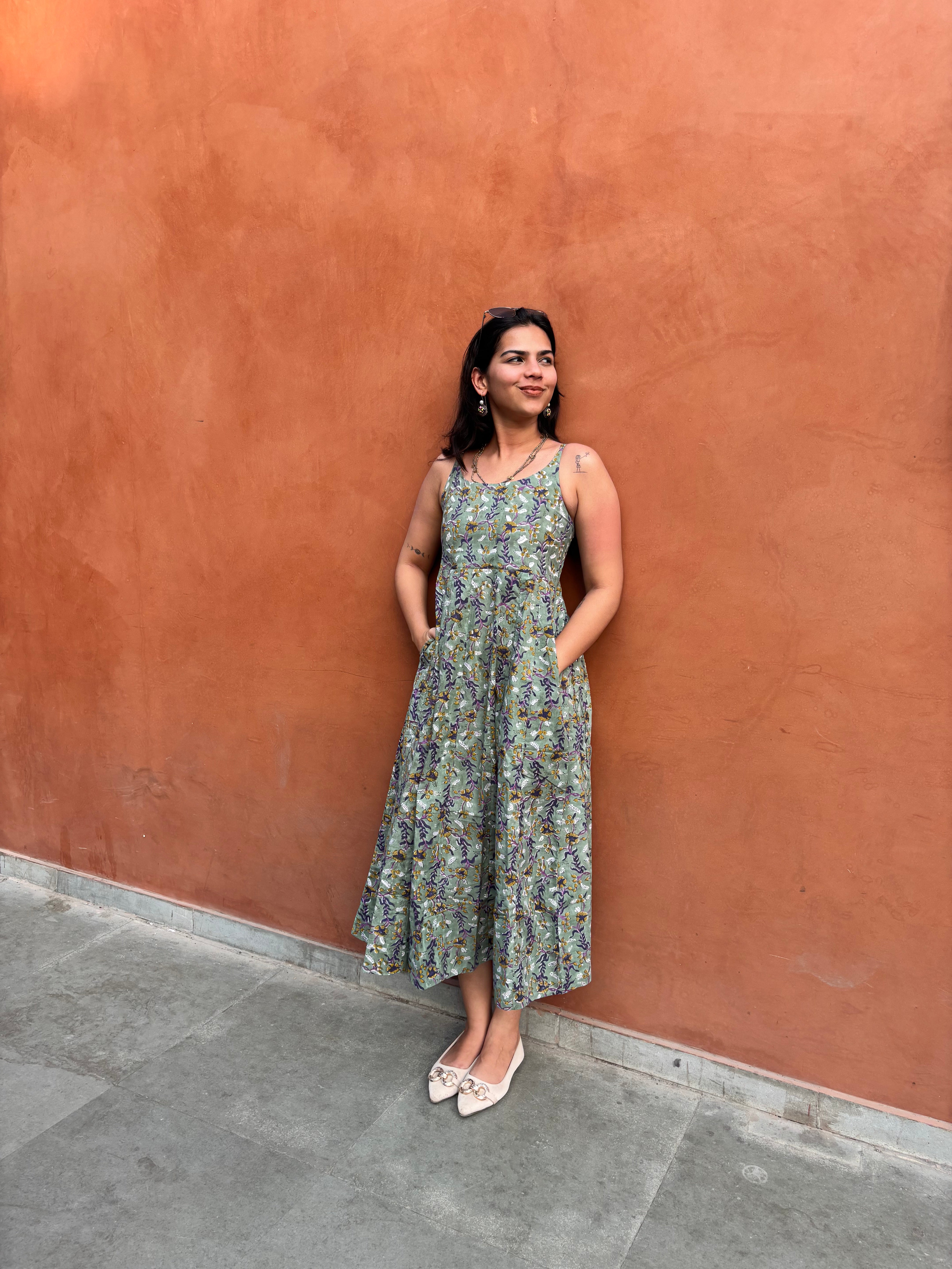 Kashish Hand Block Print Cotton Spaghetti Dress