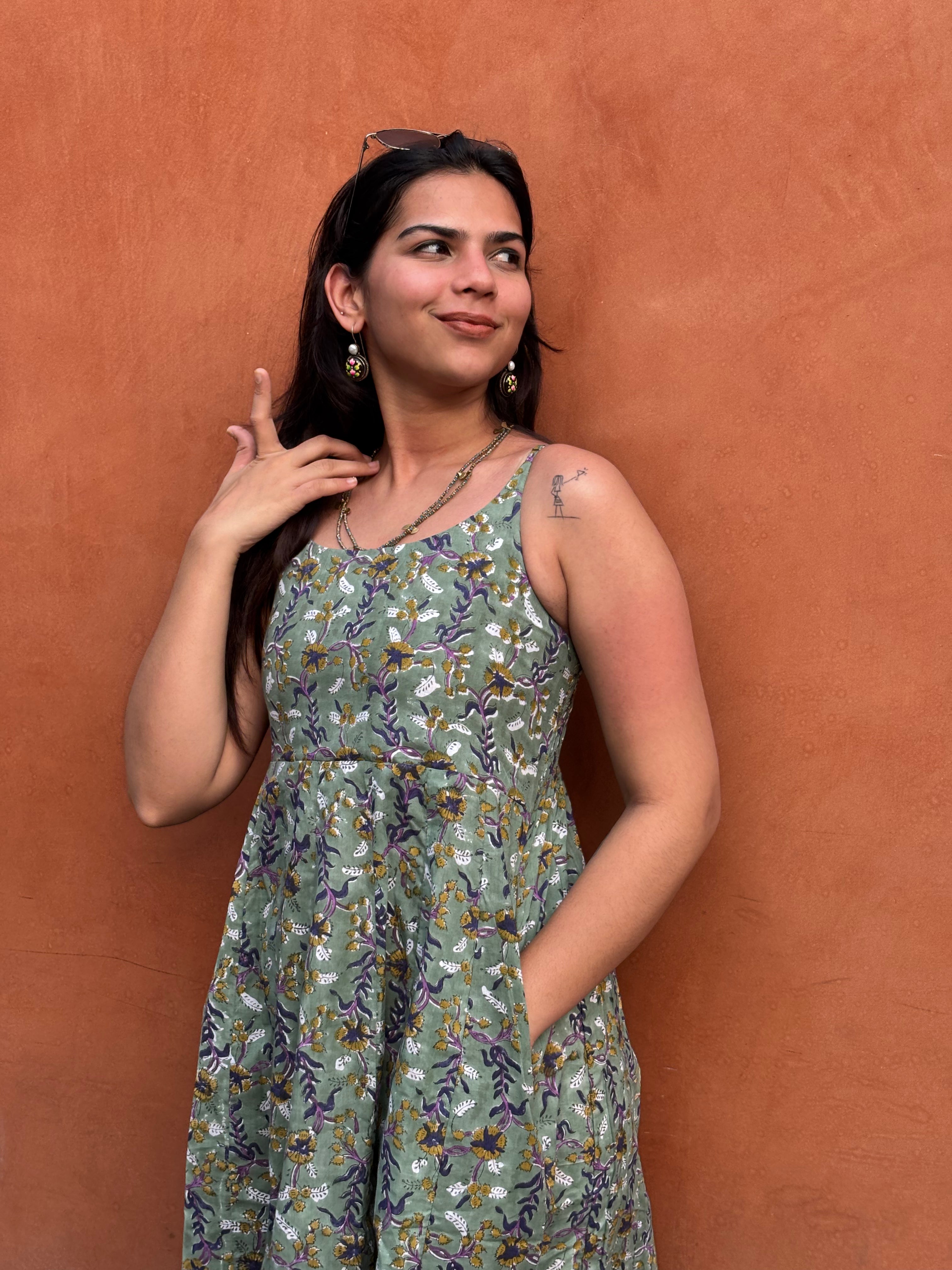 Kashish Hand Block Print Cotton Spaghetti Dress