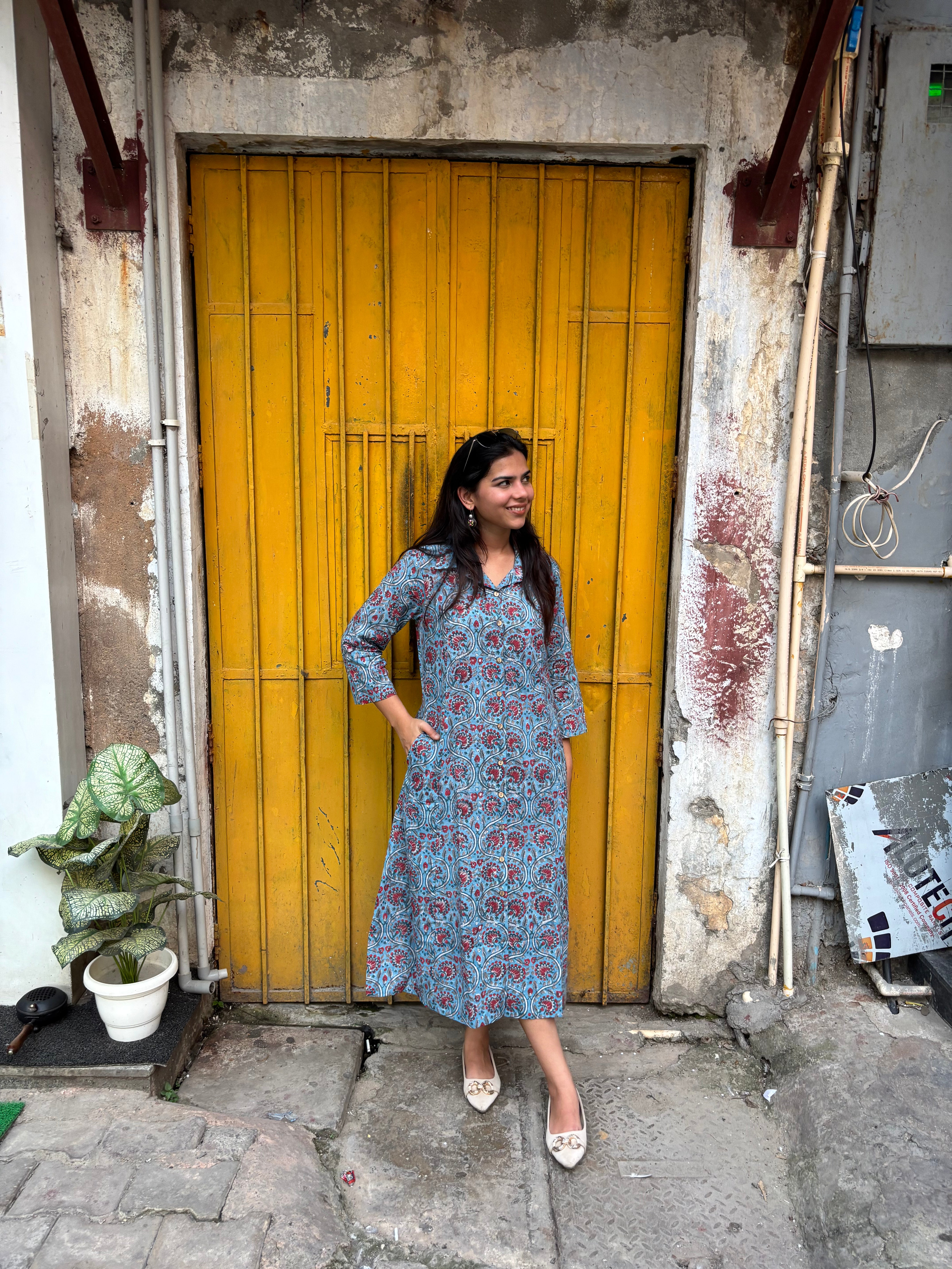 Taraash Hand Block Print Cotton Collar A-Line Dress