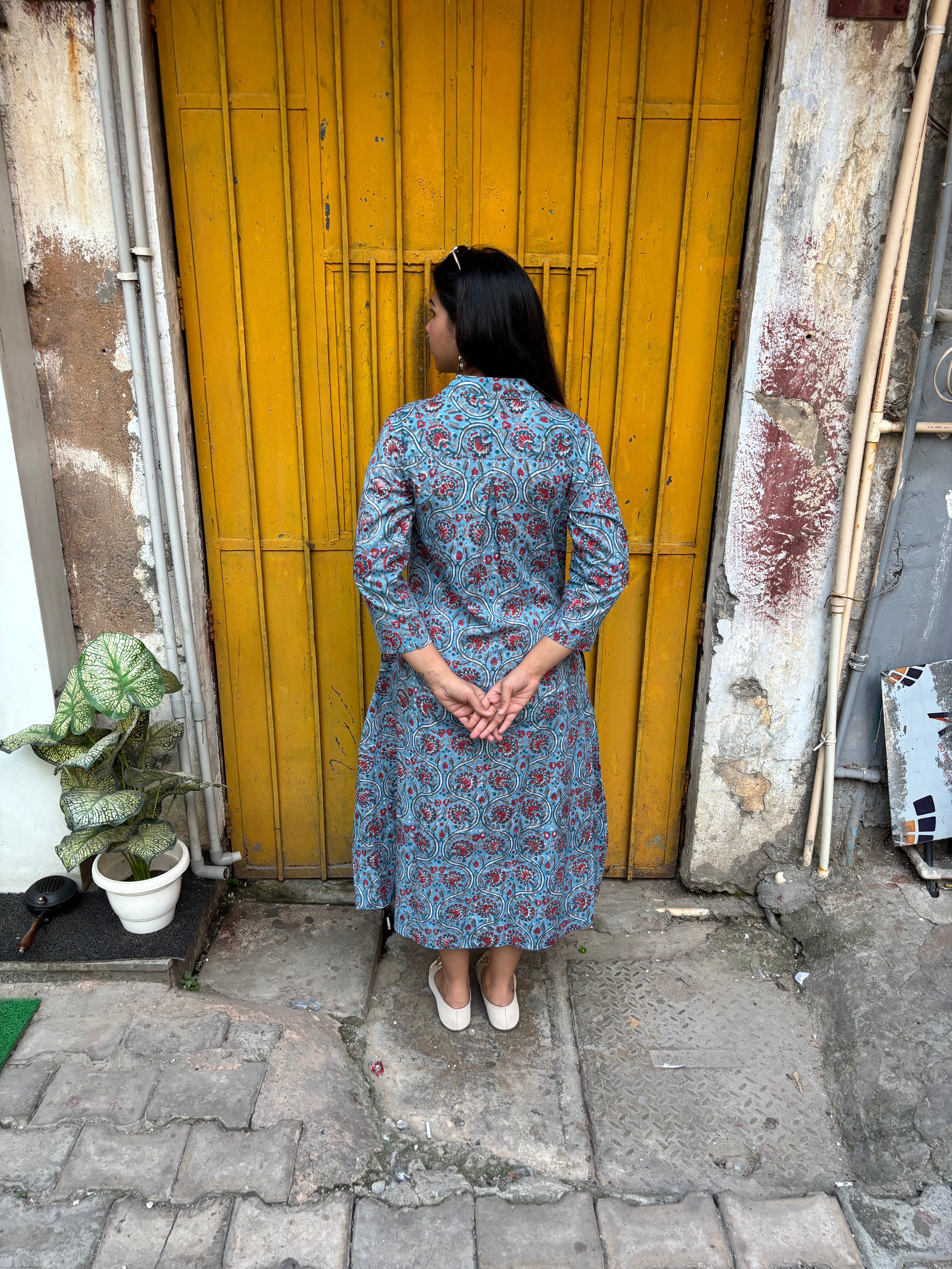 Taraash Hand Block Print Cotton Collar A-Line Dress