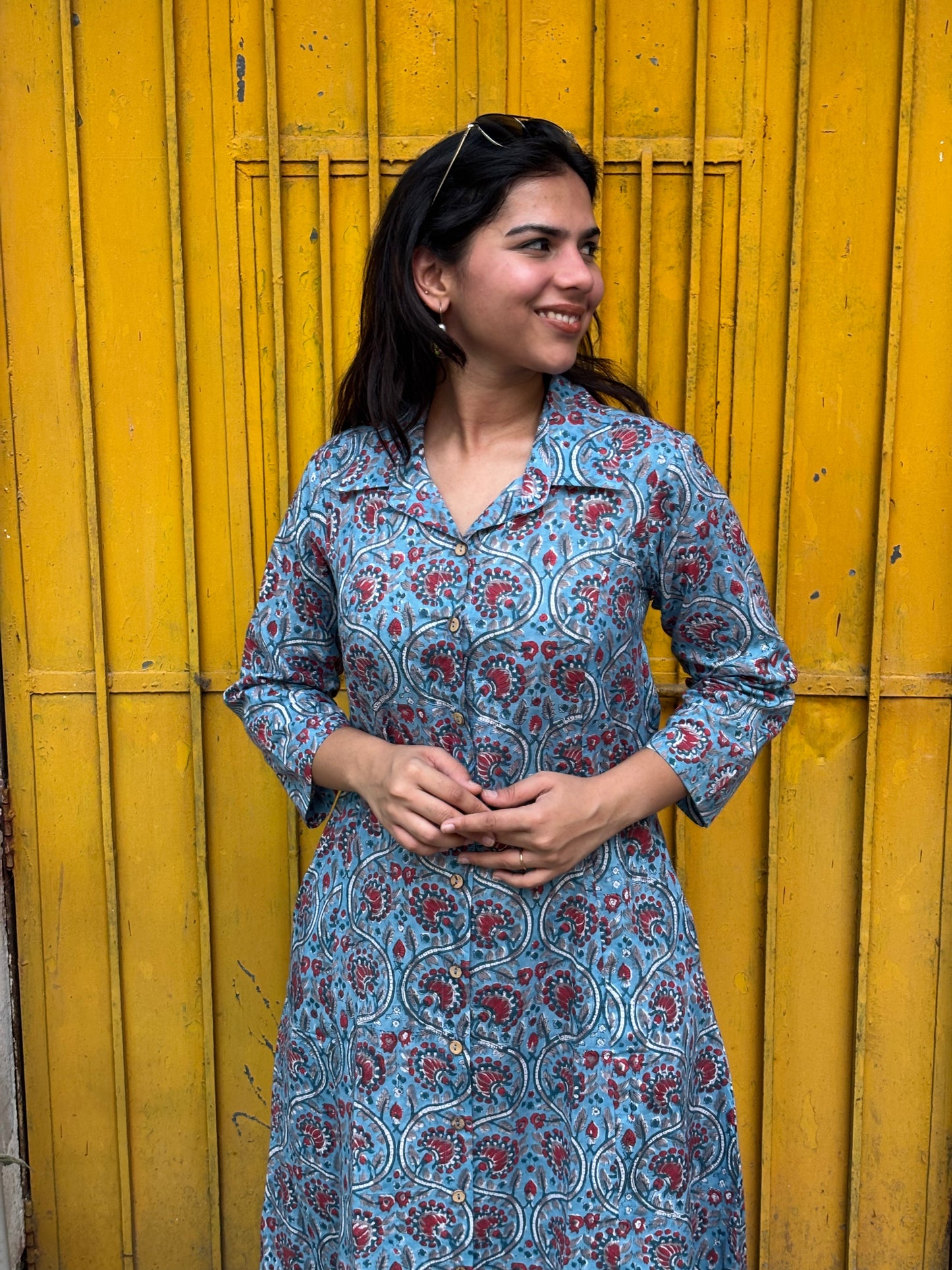 Taraash Hand Block Print Cotton Collar A-Line Dress