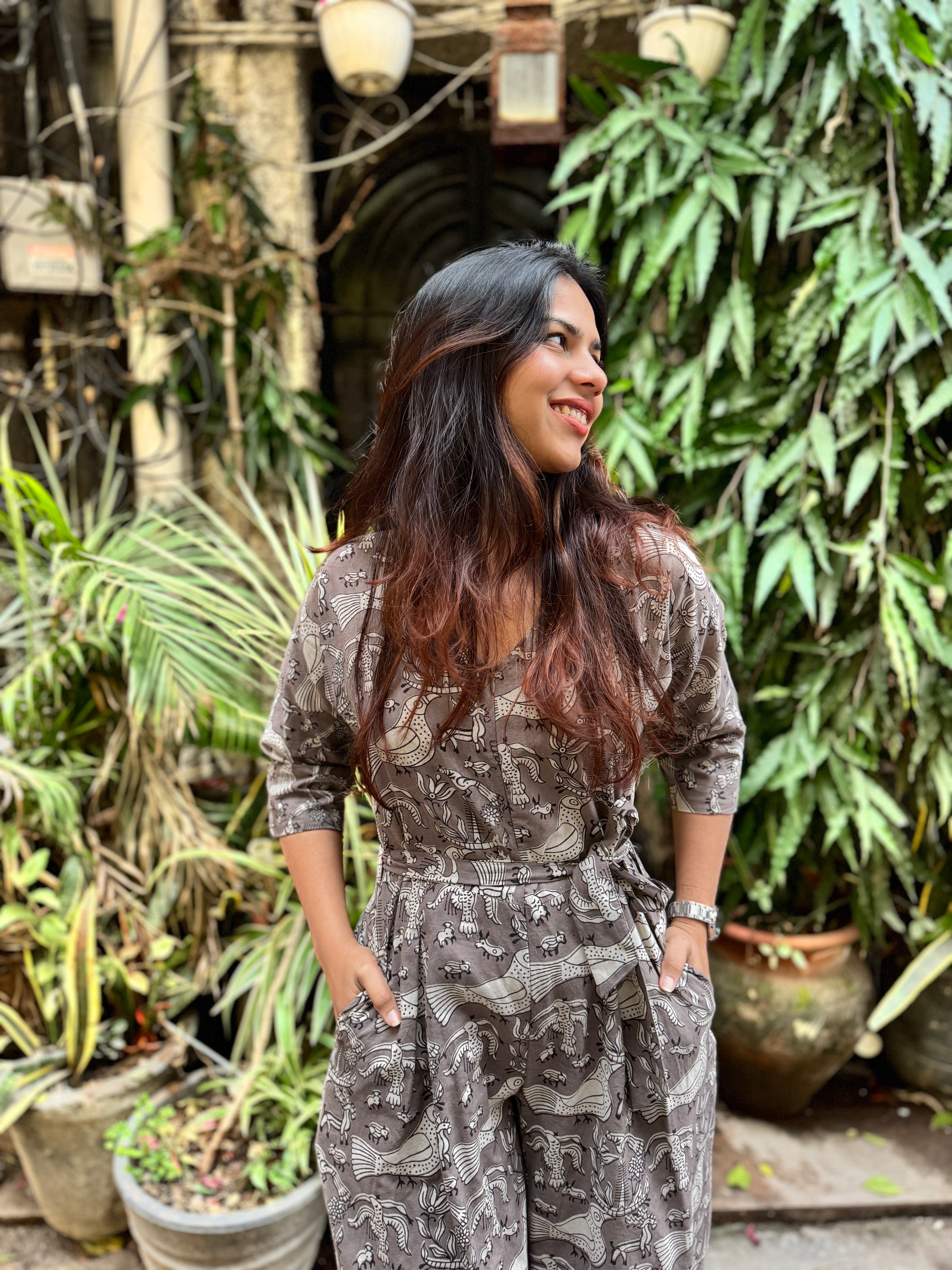 Pakhi Hand Block Print Cotton 3/4th Sleeve Jumpsuit