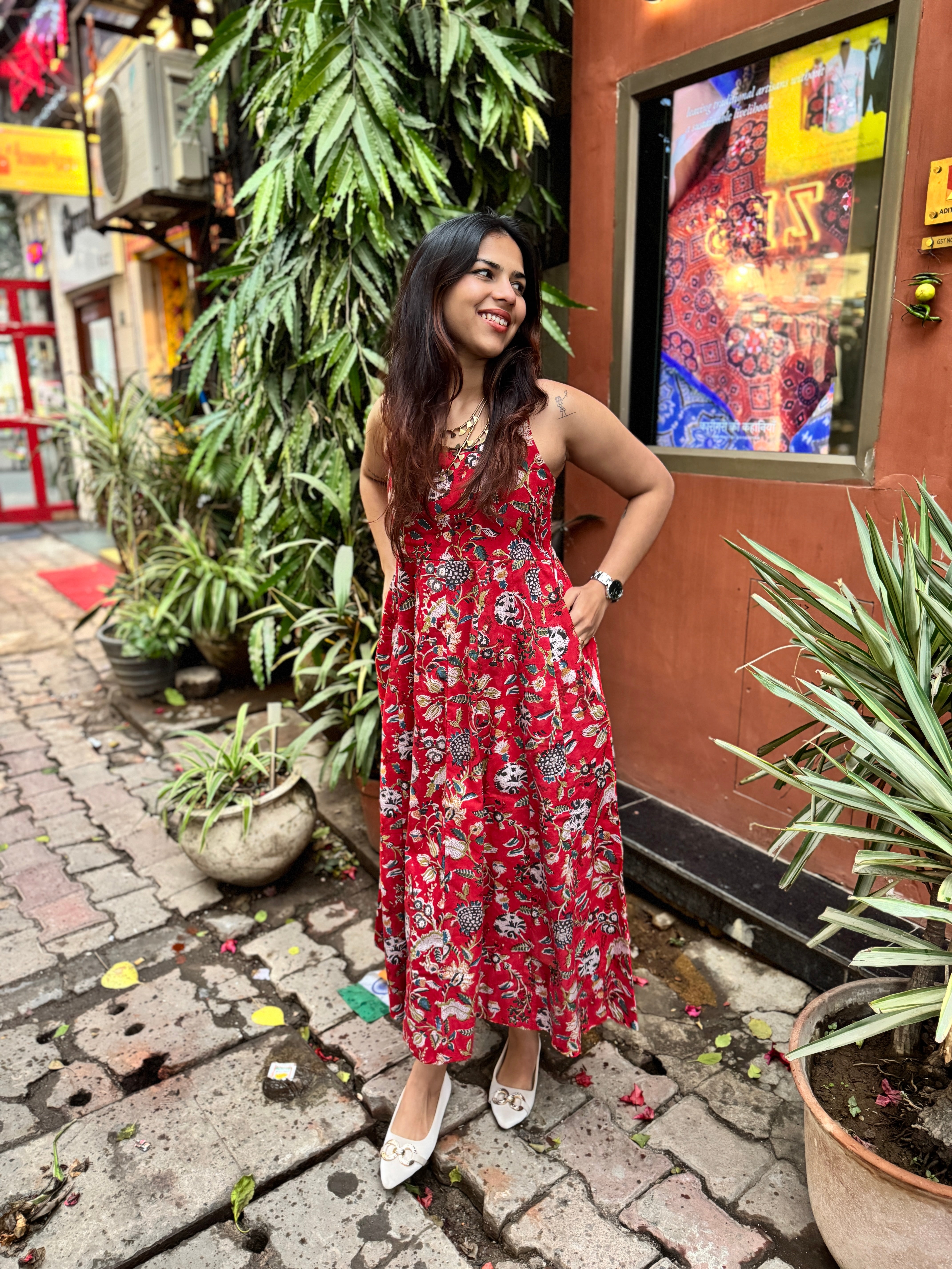 Gul Hand Block Print Cotton Spaghetti Dress