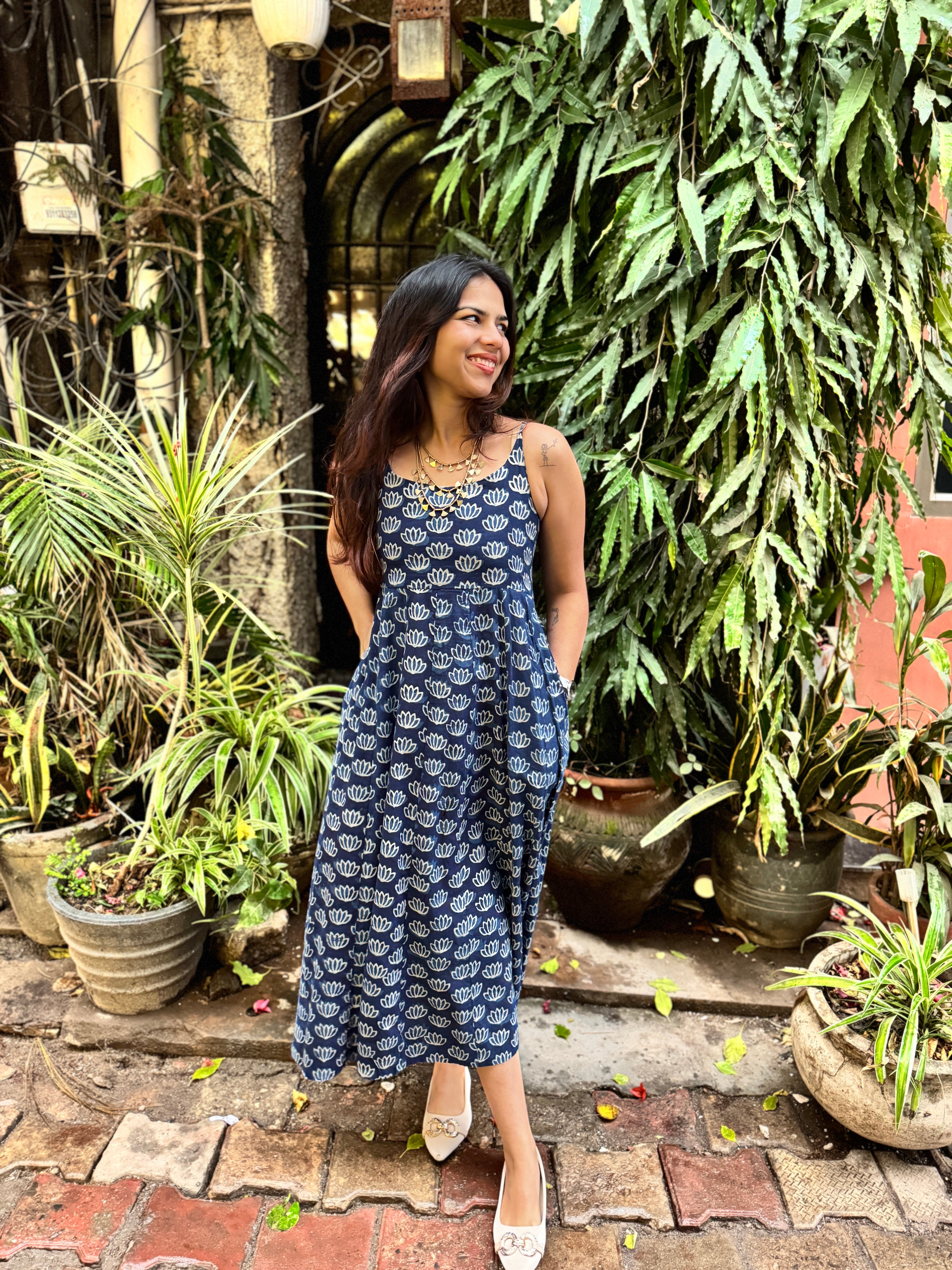 Neel Indigo Hand Block Print Cotton Spaghetti Dress