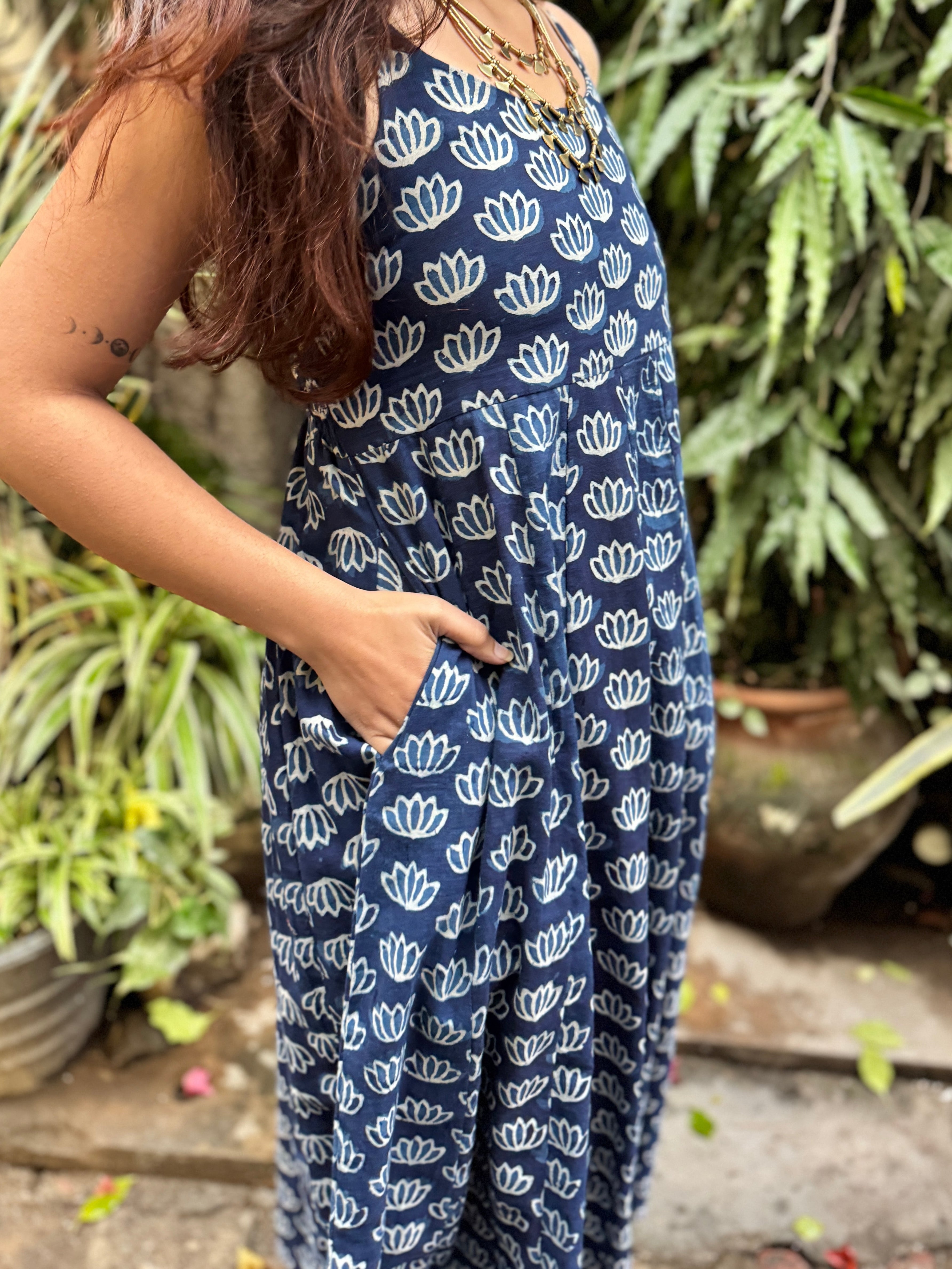 Neel Indigo Hand Block Print Cotton Spaghetti Dress