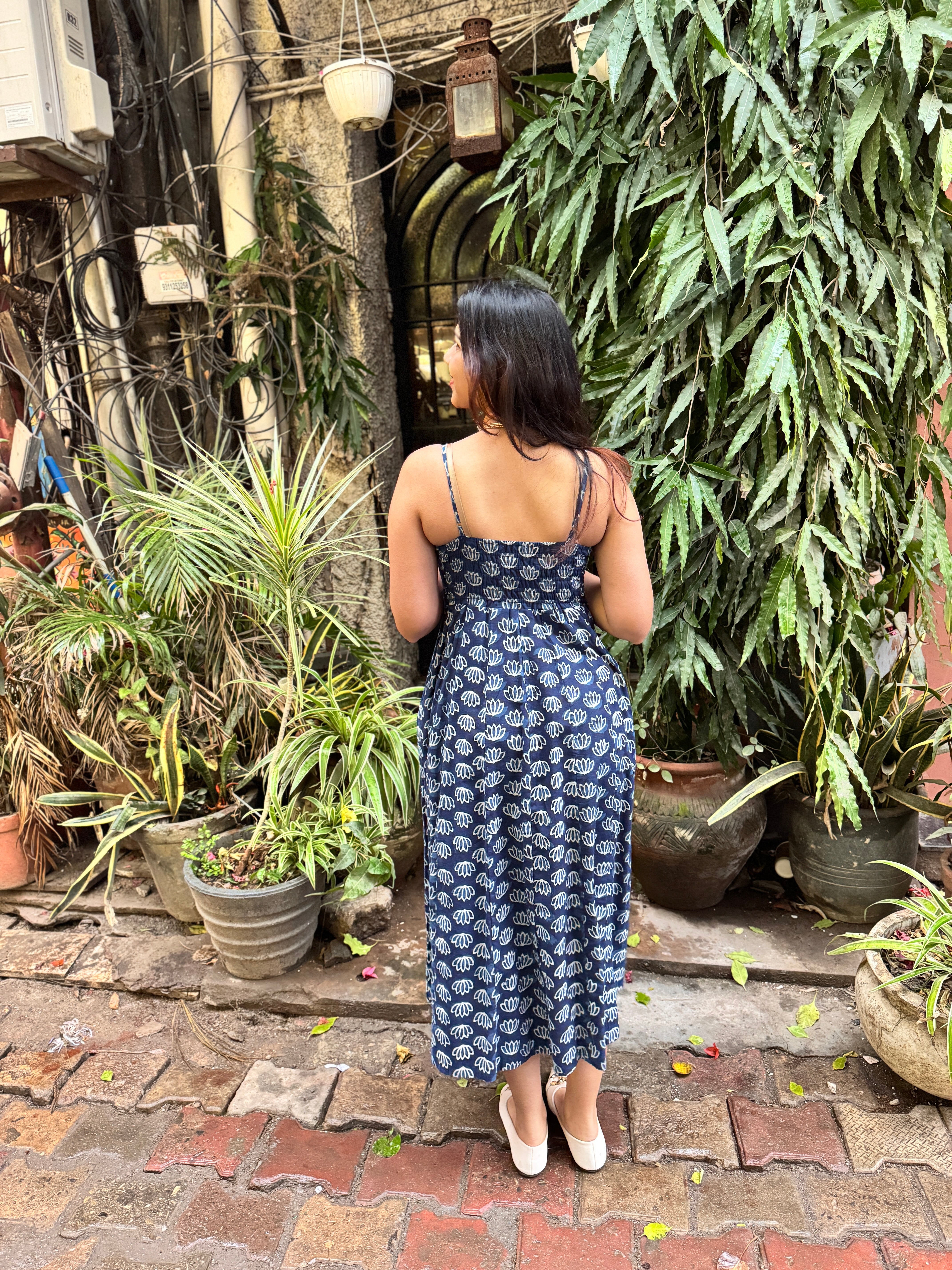 Neel Indigo Hand Block Print Cotton Spaghetti Dress