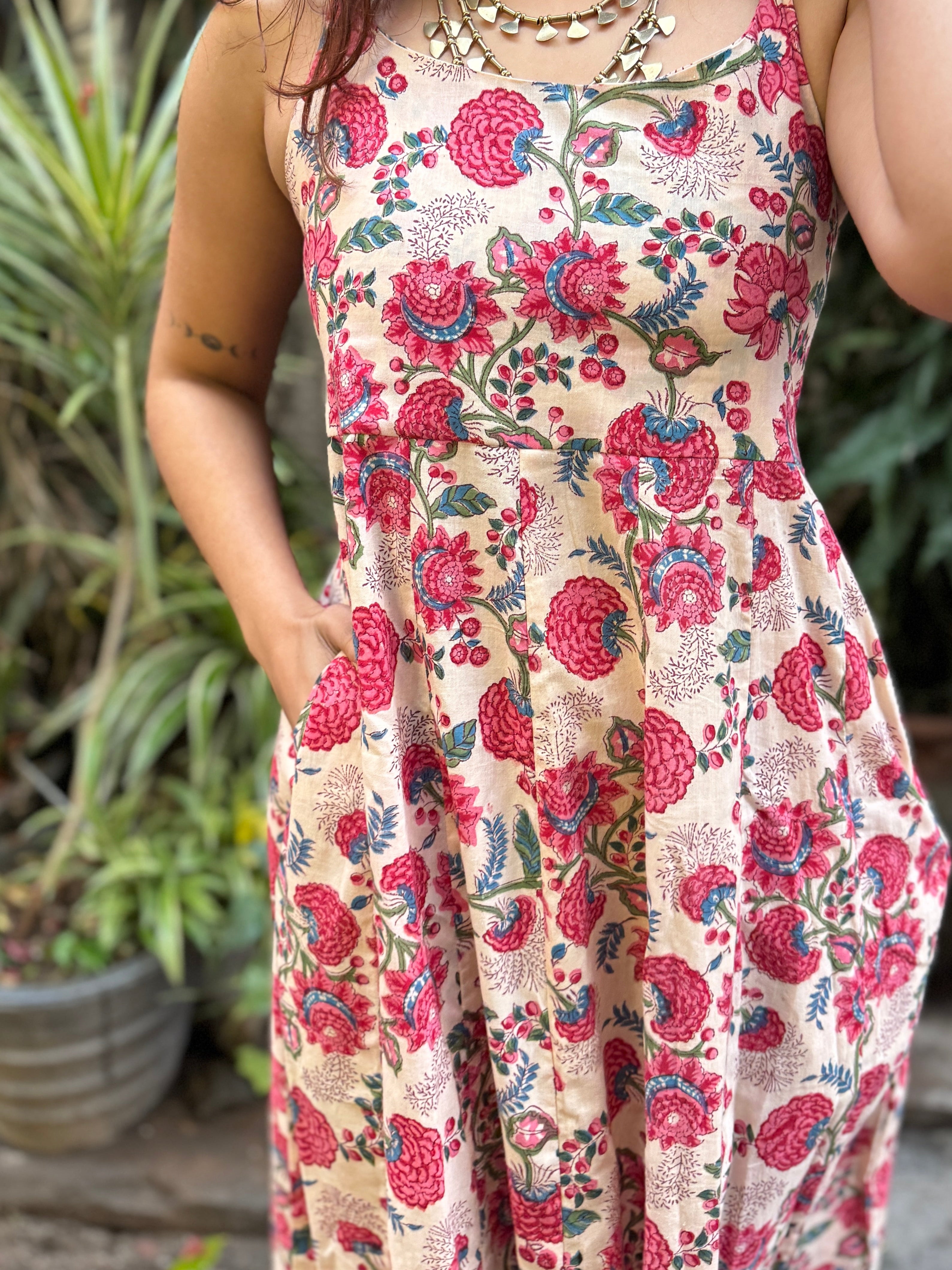 Hannah Hand Block Print Cotton Spaghetti Dress