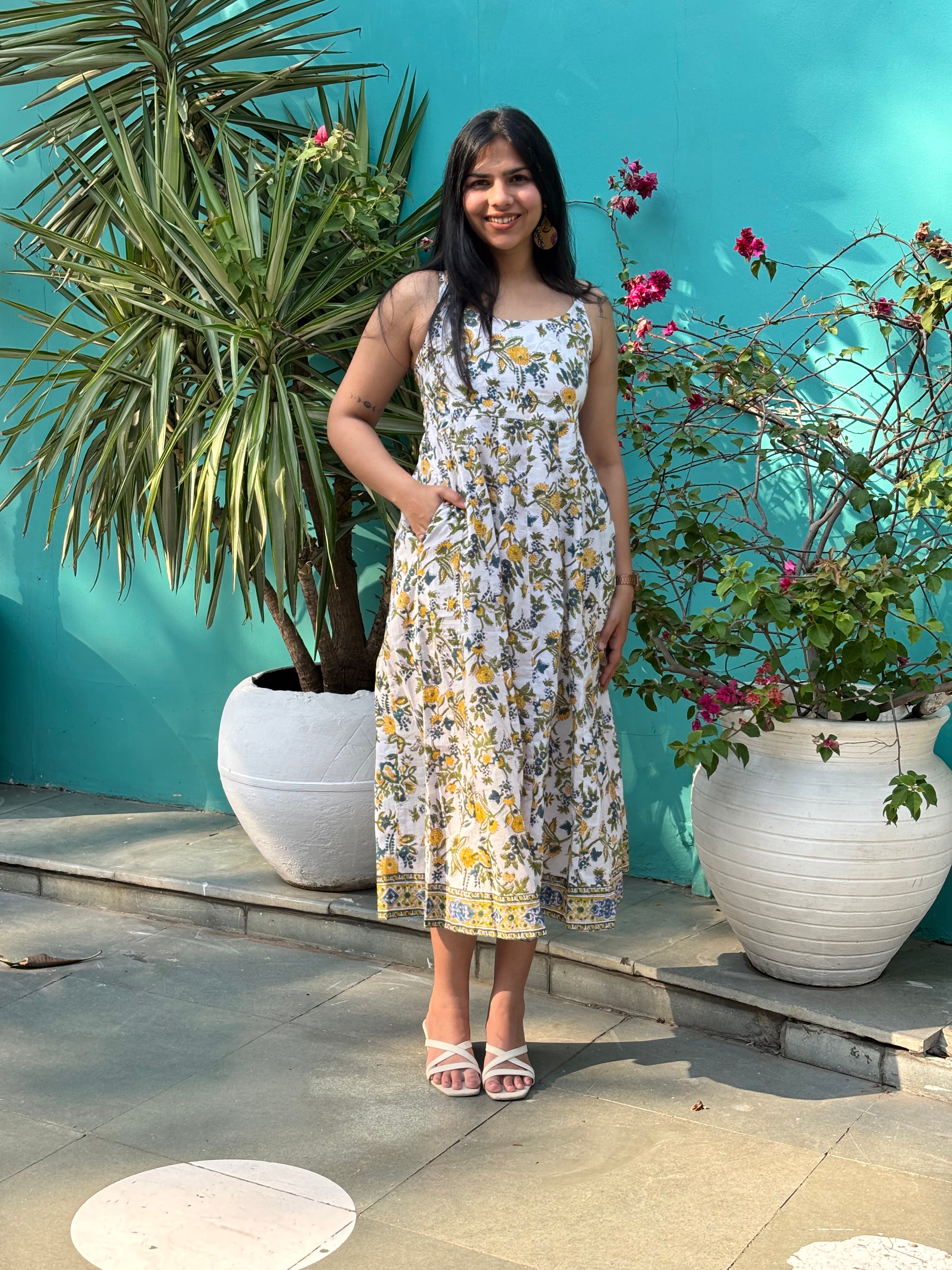 Iyana Hand Block Print Cotton Spaghetti Dress