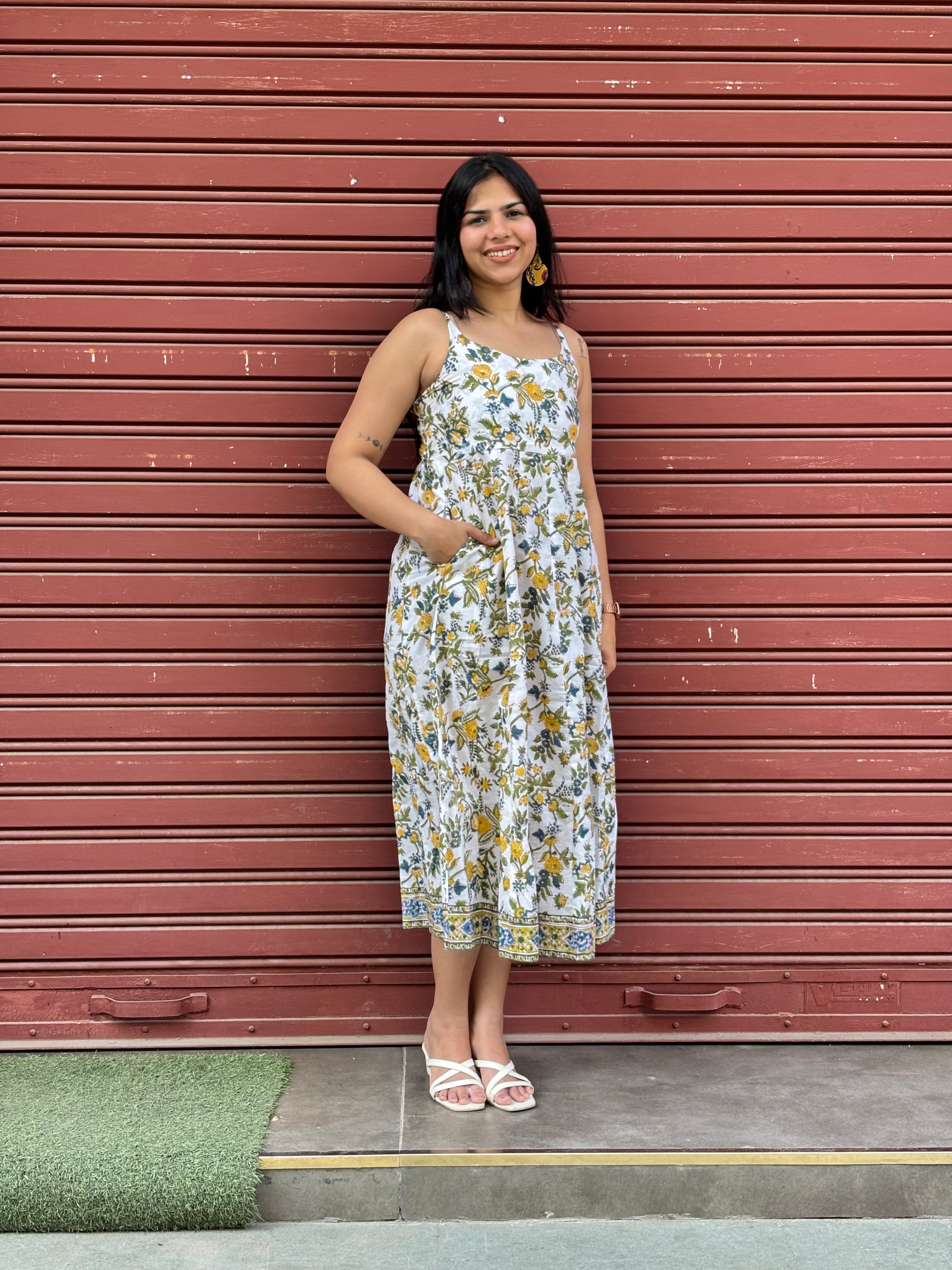 Iyana Hand Block Print Cotton Spaghetti Dress