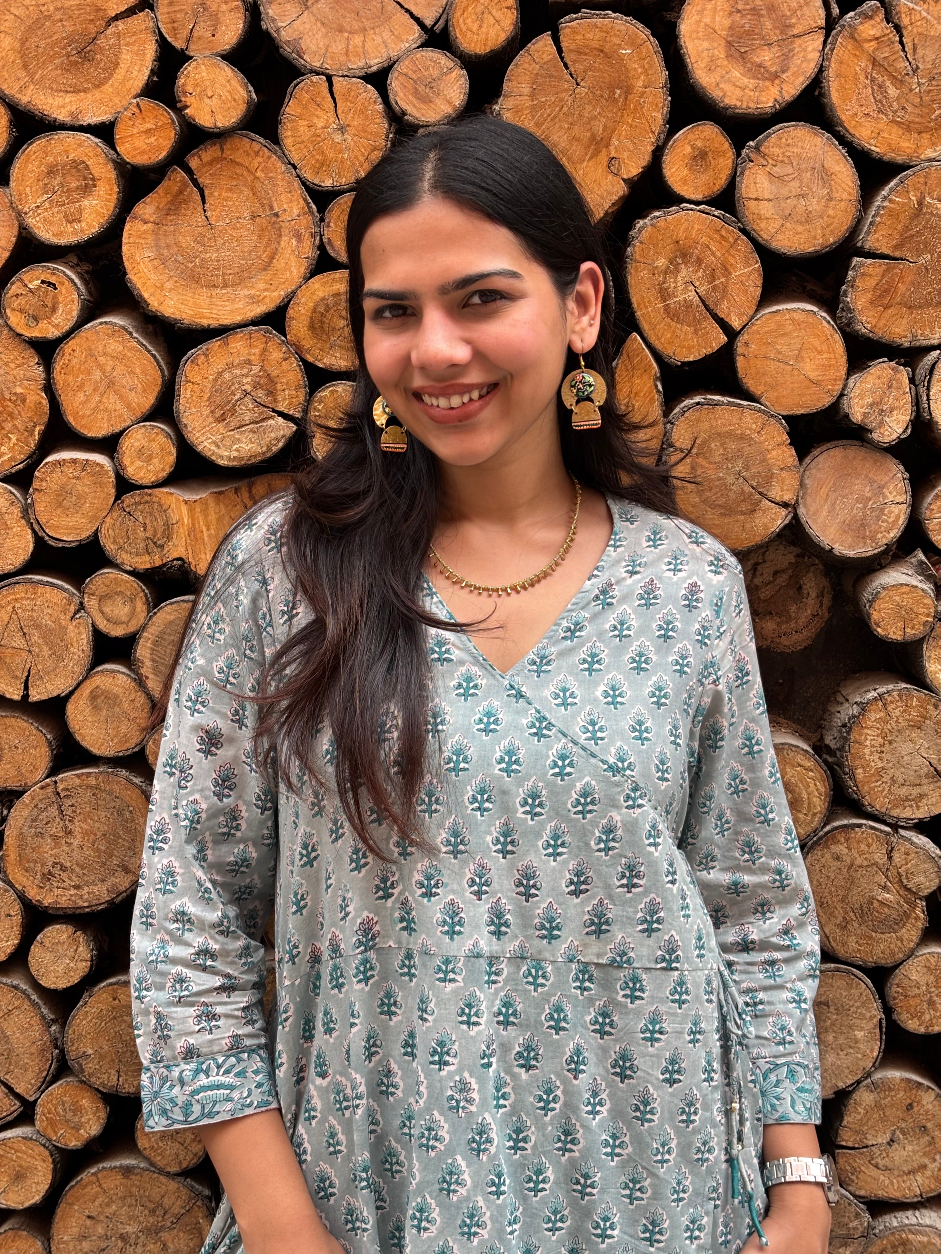 Heena Hand Block Printed Cotton Angrakha Style Kurta