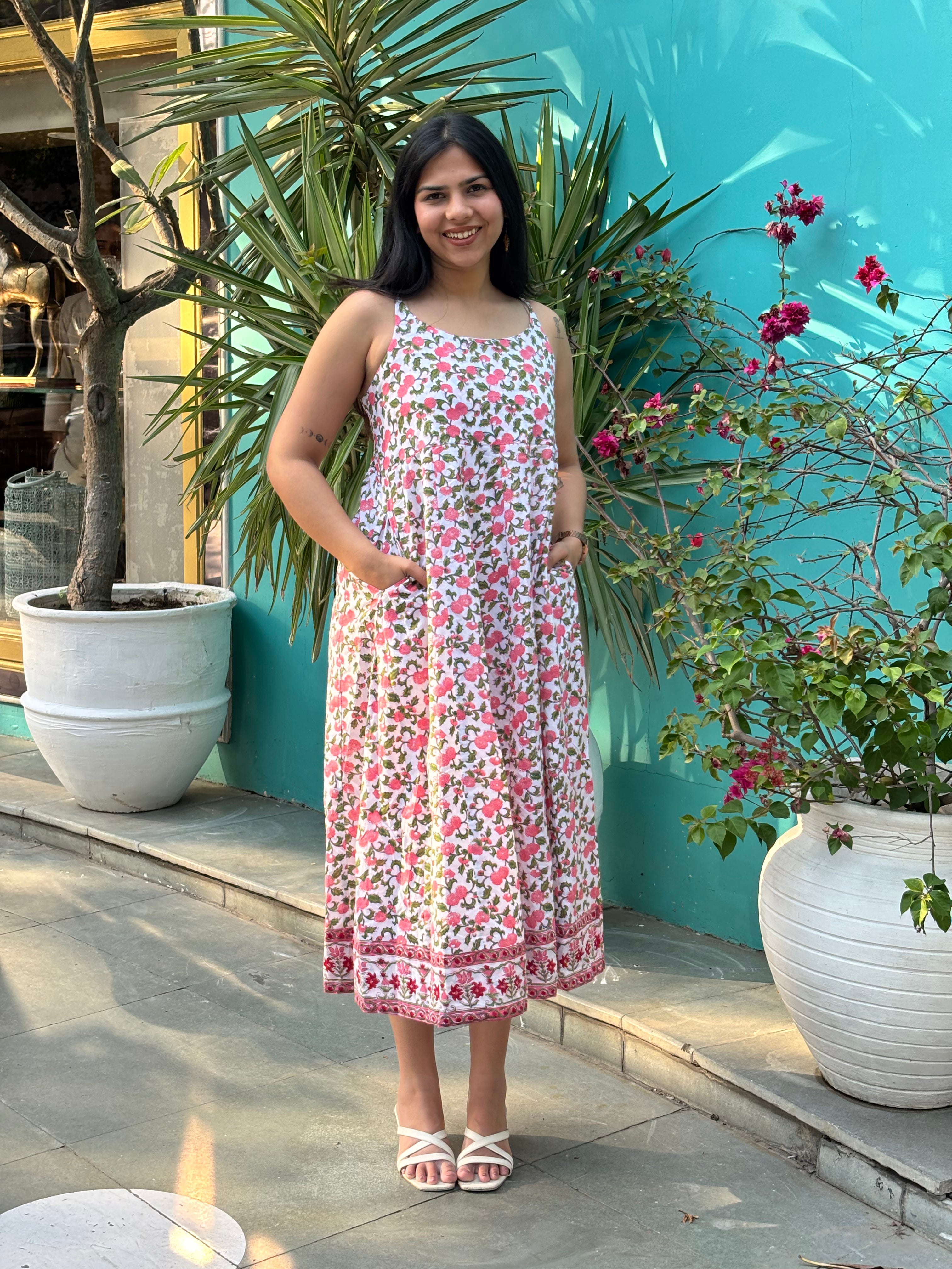 Rosa Hand Block Print Cotton Spaghetti Dress