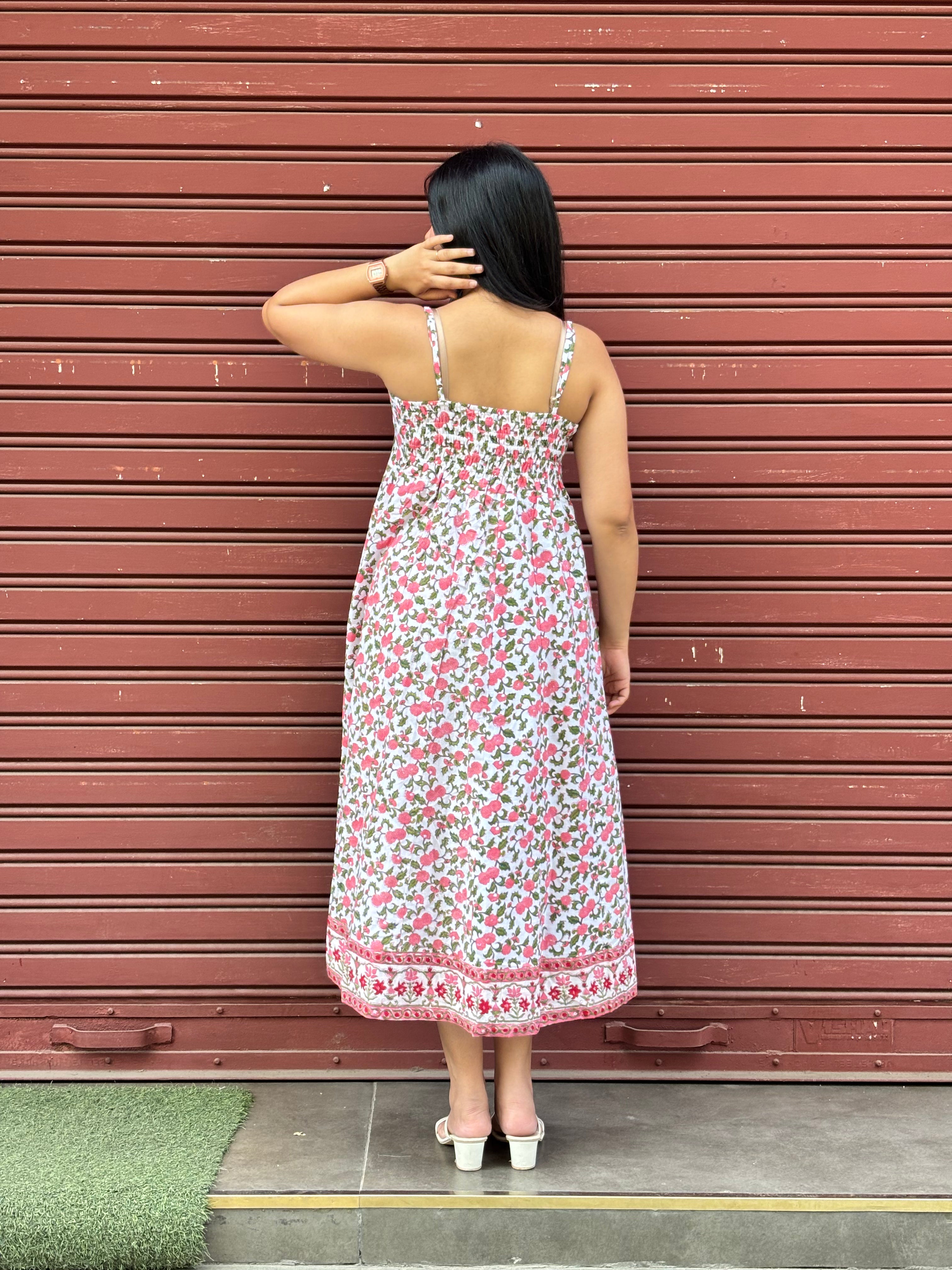 Rosa Hand Block Print Cotton Spaghetti Dress