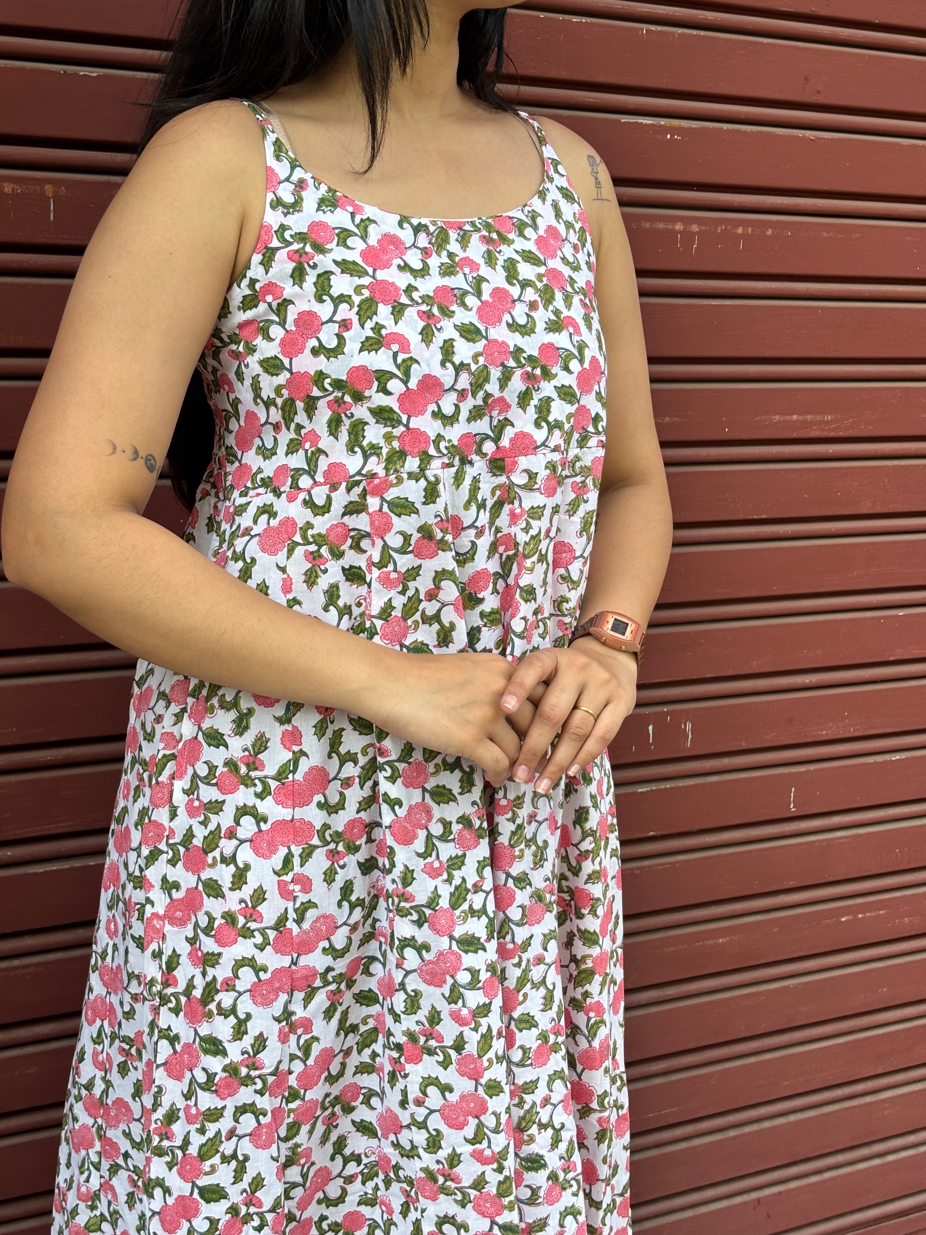 Rosa Hand Block Print Cotton Spaghetti Dress