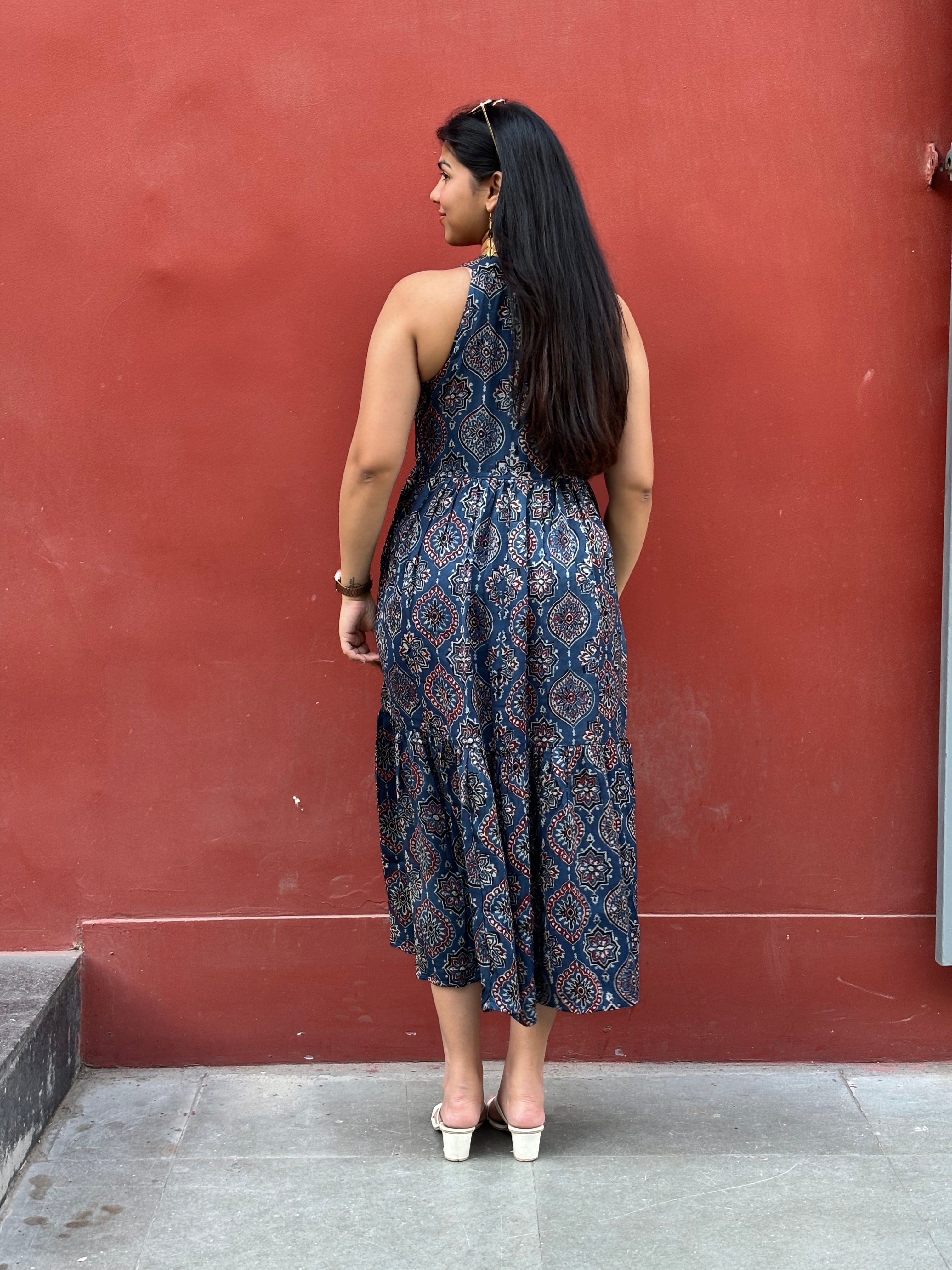 Naila Ajrakh Hand Block Print Modal Silk Halter Neck Dress