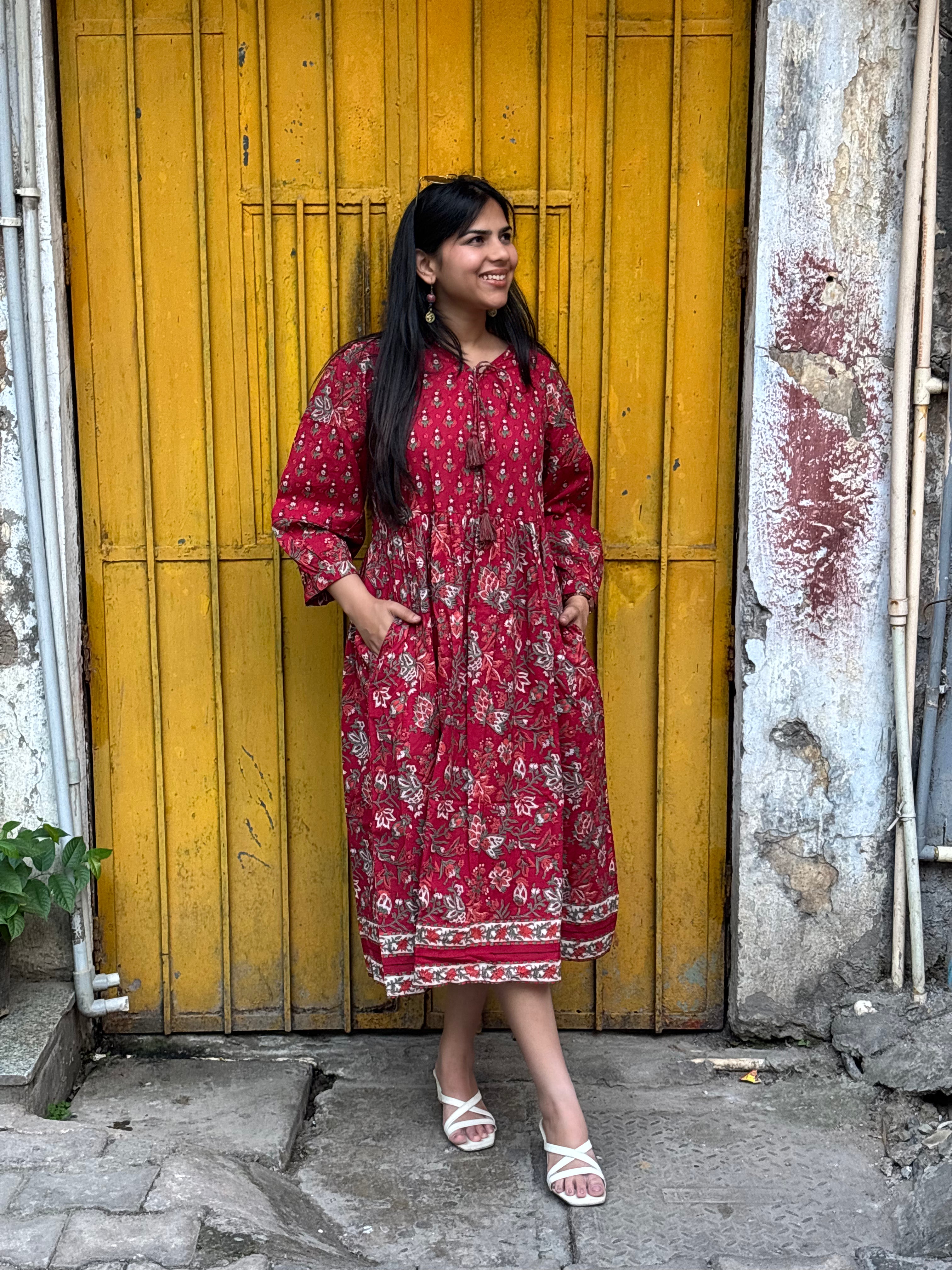 Navira Hand Block Print Cotton A-Line Dress