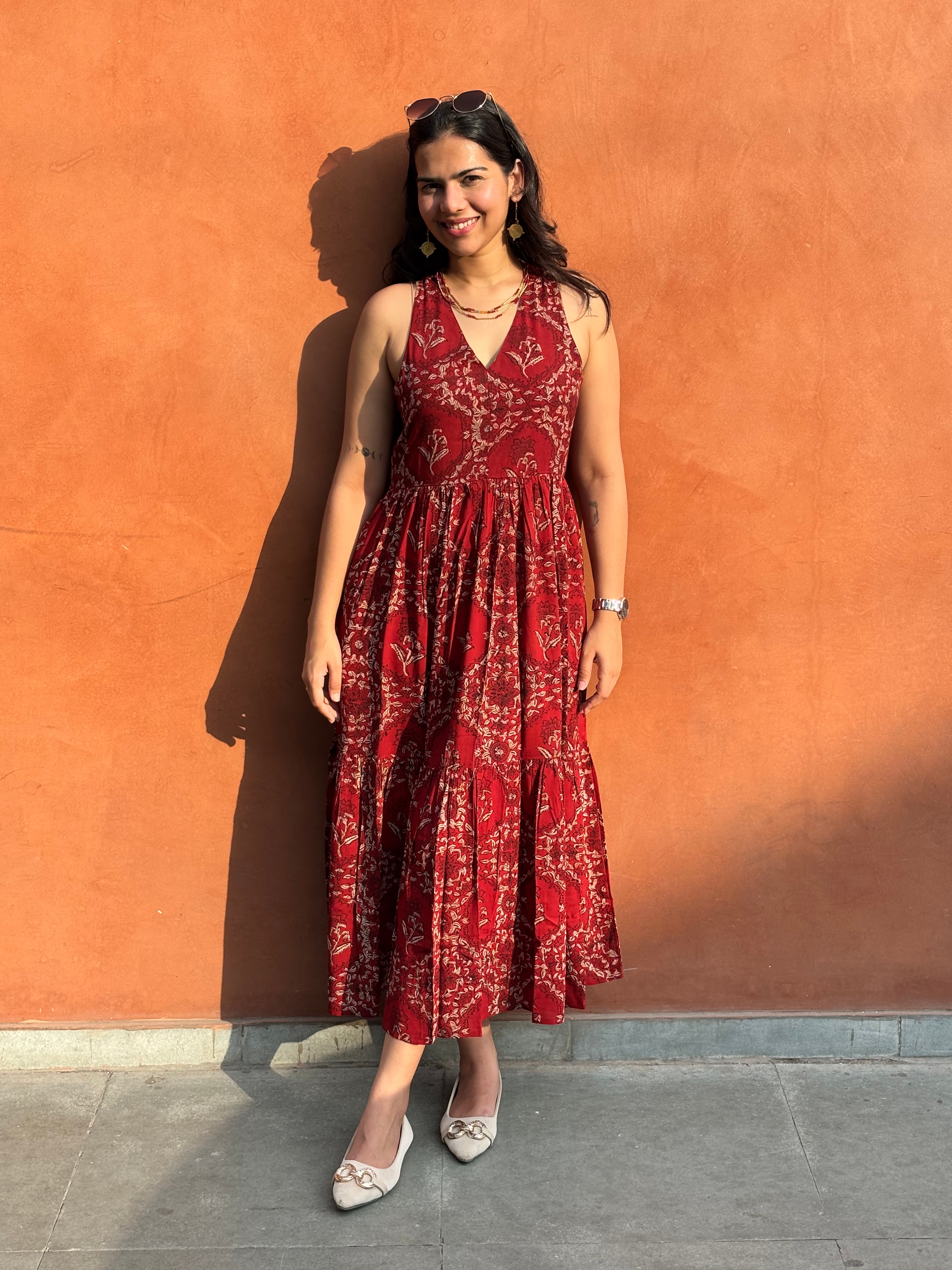 Kalma Kalamkari Block Print Cotton Modal Halter Neck Dress