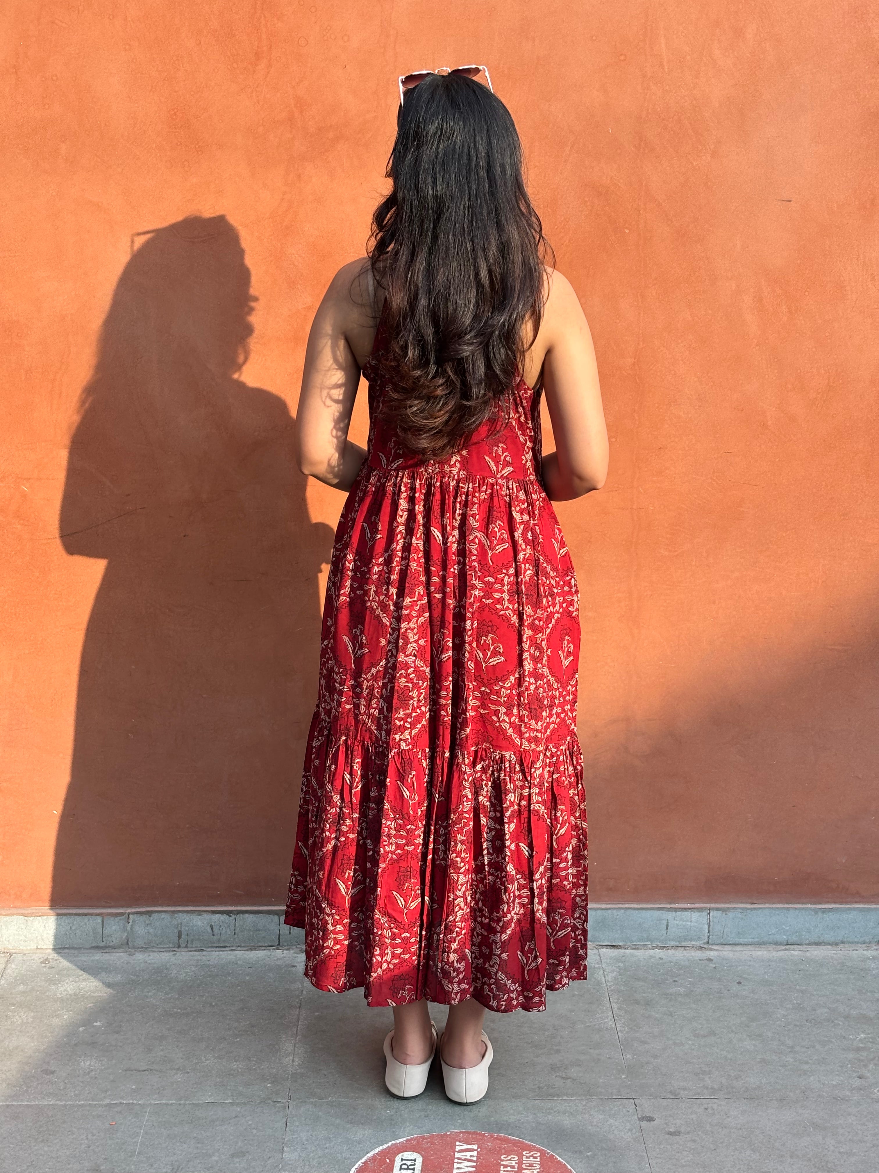 Kalma Kalamkari Block Print Cotton Modal Halter Neck Dress