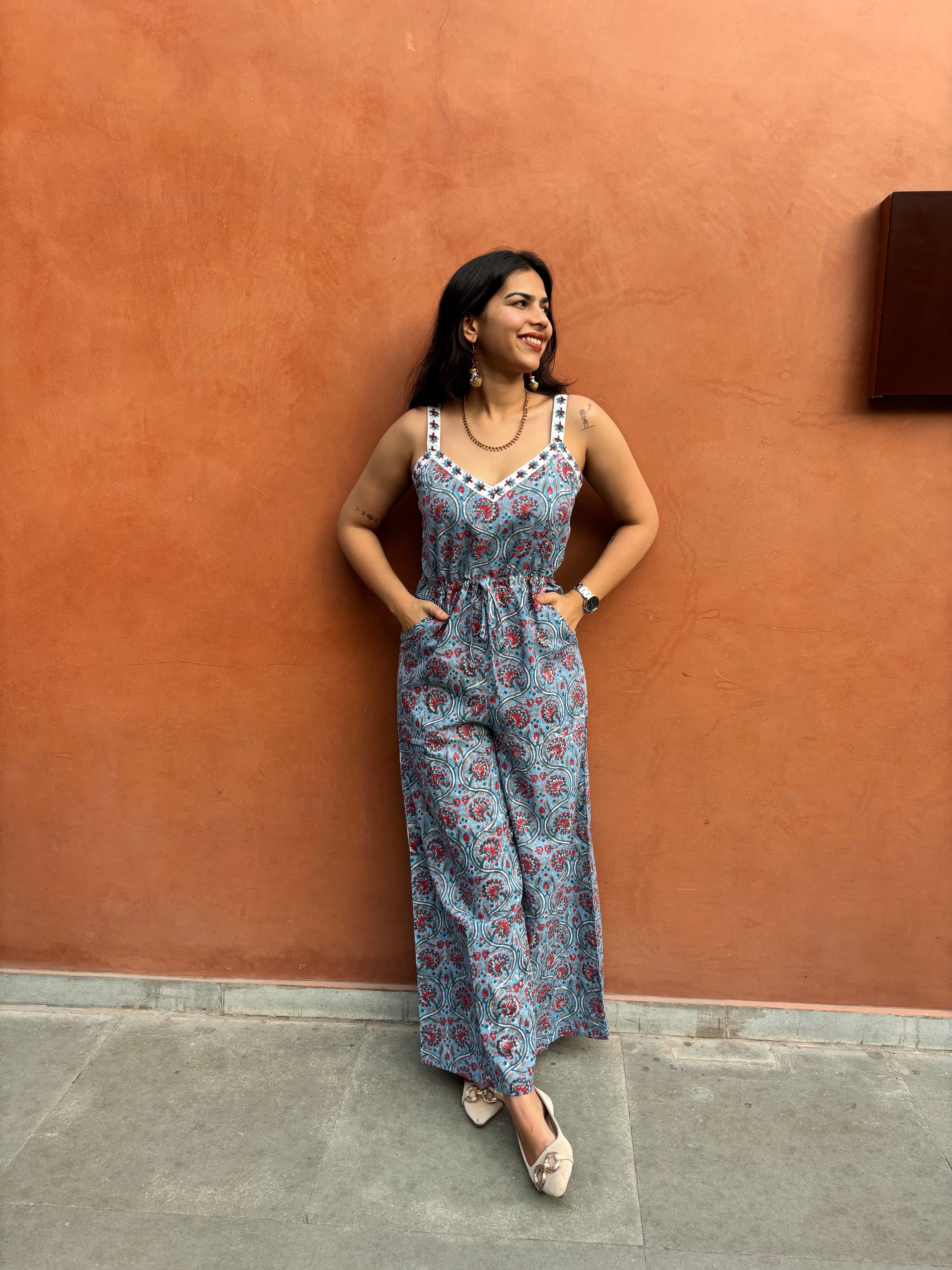 Taraash Hand Block Print Cotton Sleeveless Jumpsuit