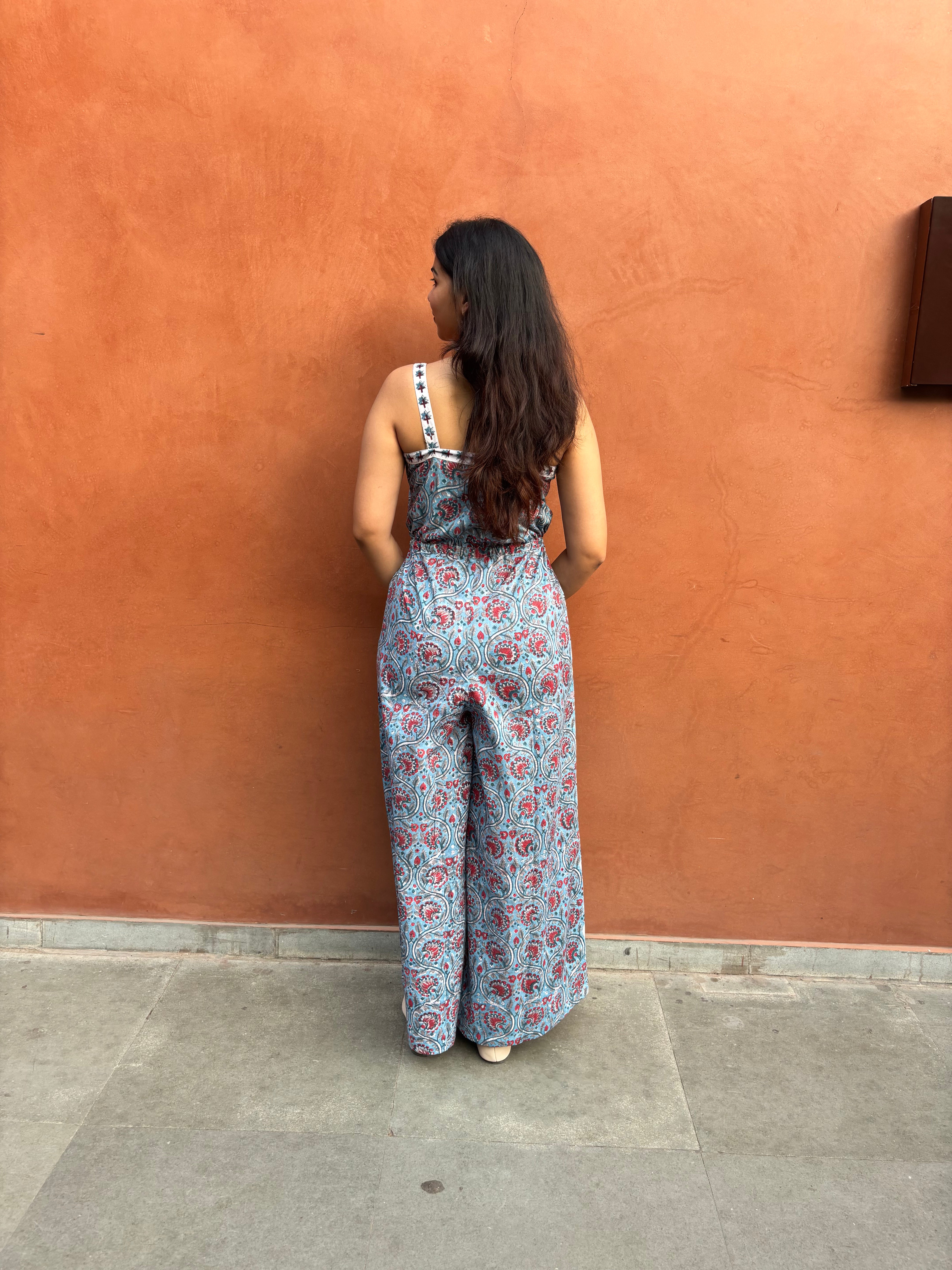 Taraash Hand Block Print Cotton Sleeveless Jumpsuit