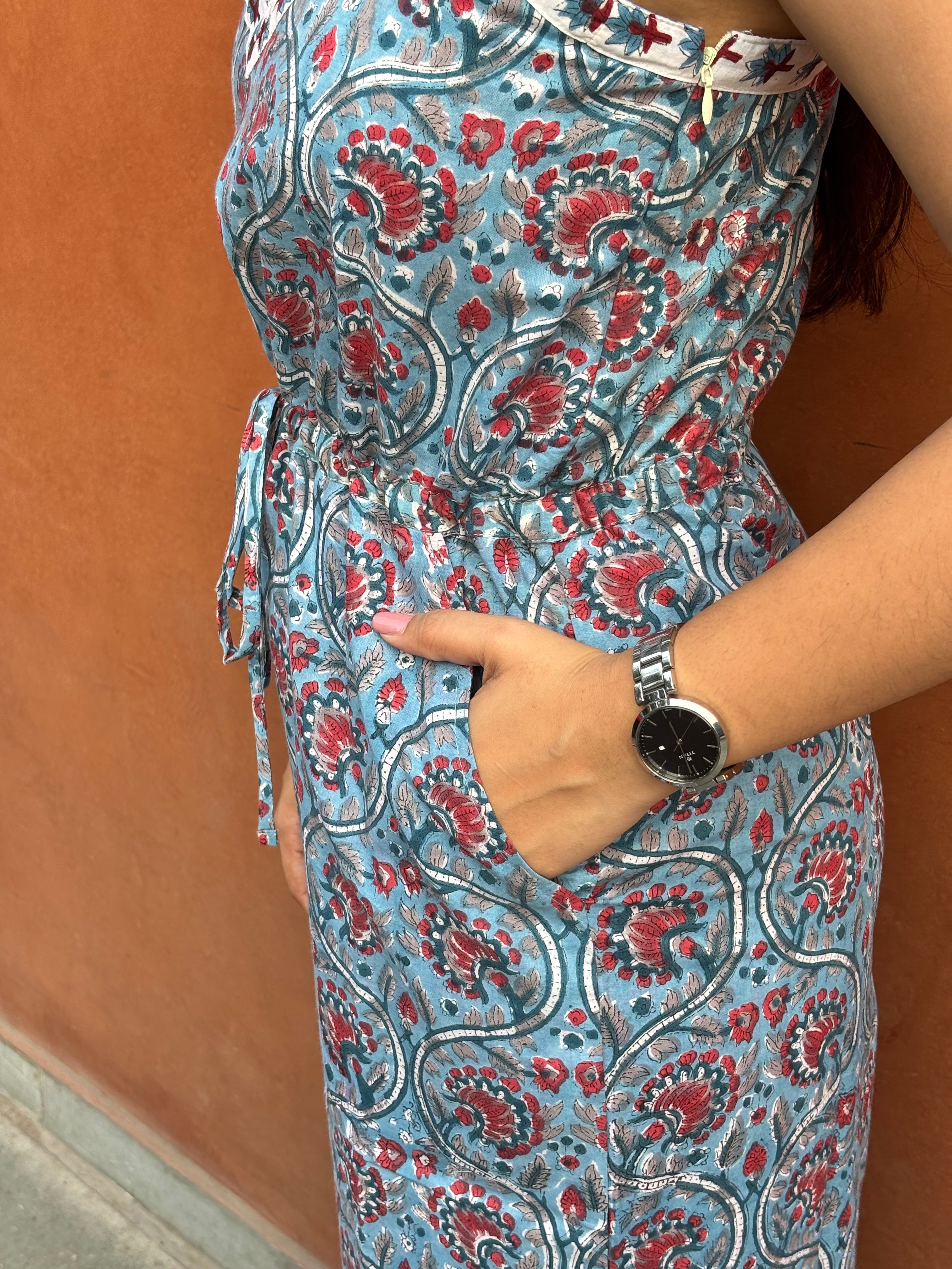 Taraash Hand Block Print Cotton Sleeveless Jumpsuit