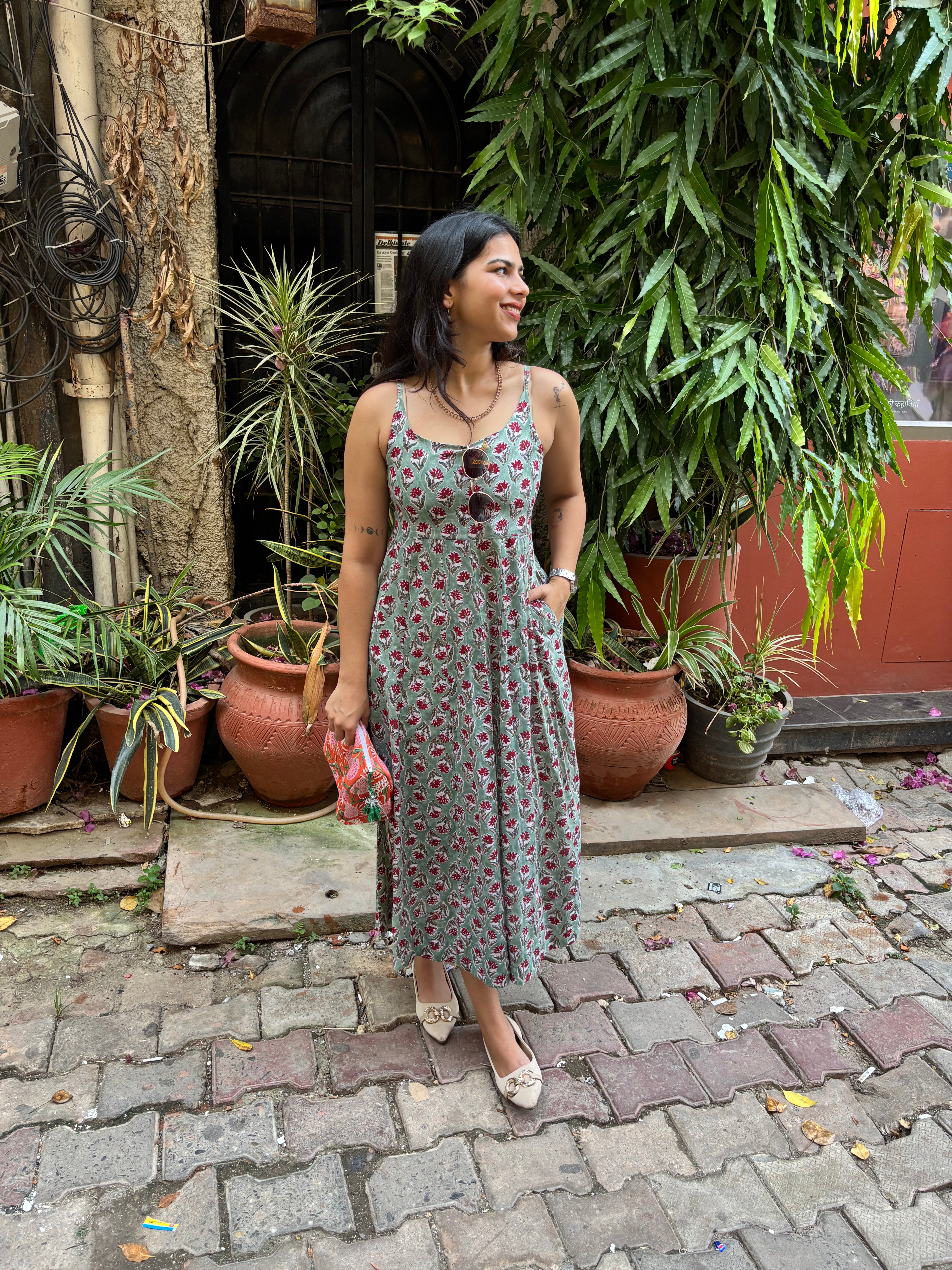 Rehbar Hand Block Print Cotton Spaghetti Dress