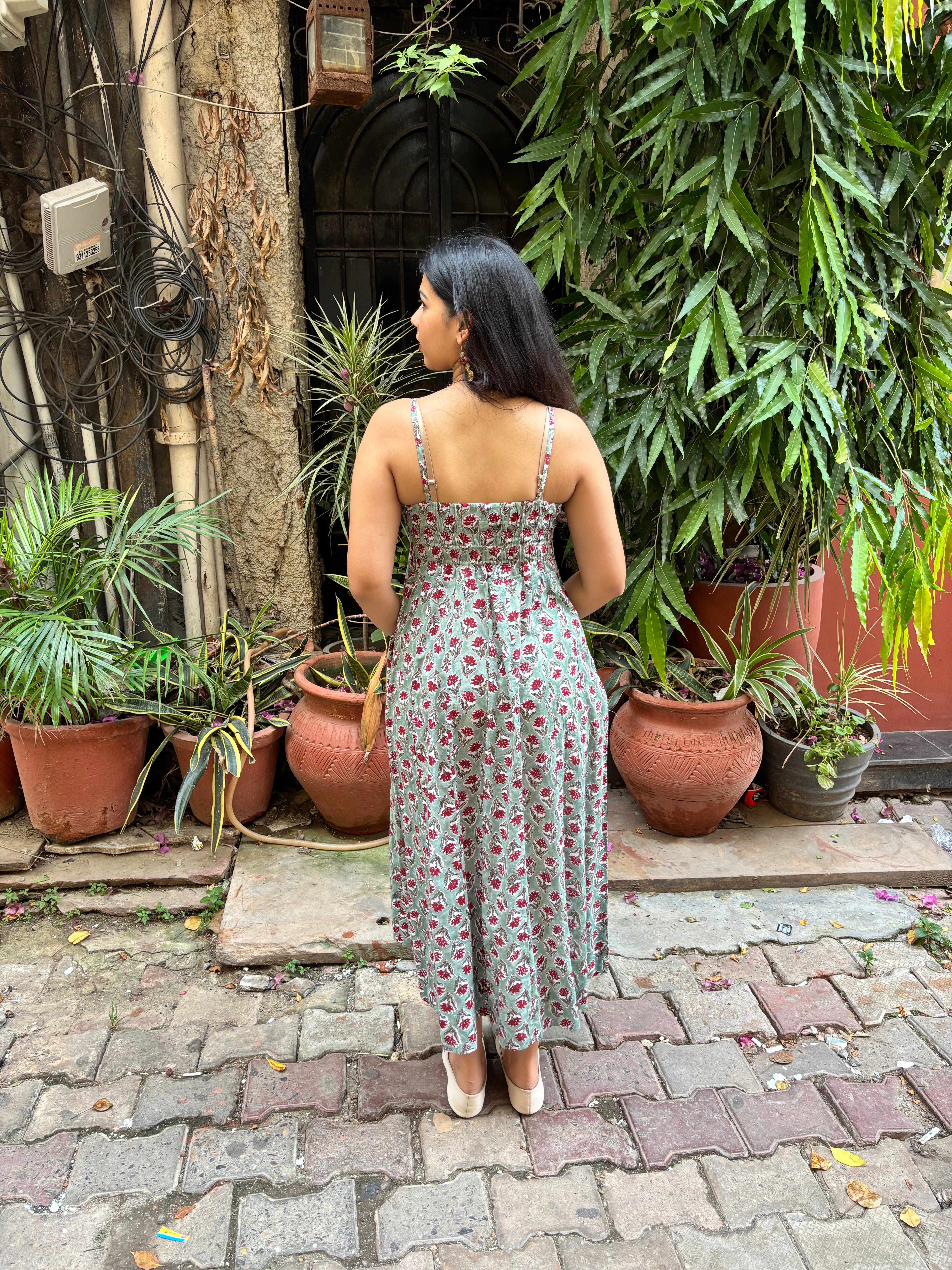 Rehbar Hand Block Print Cotton Spaghetti Dress