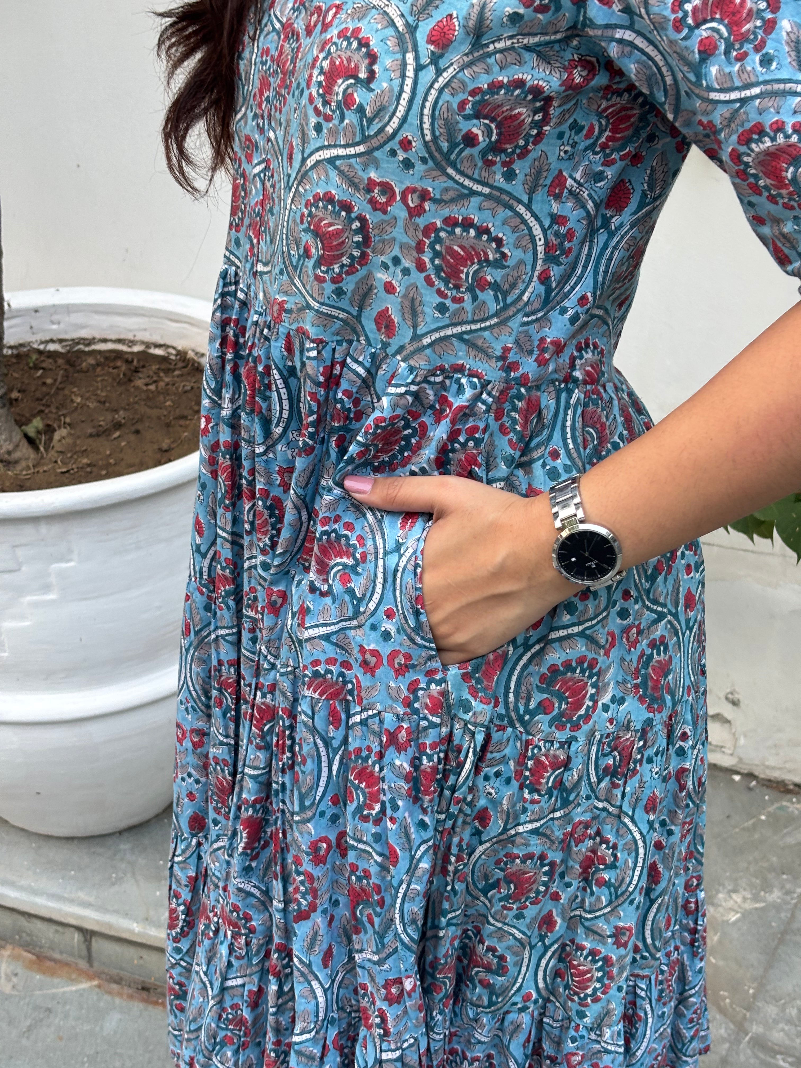 Taraash Hand Block Print Cotton Flare Dress