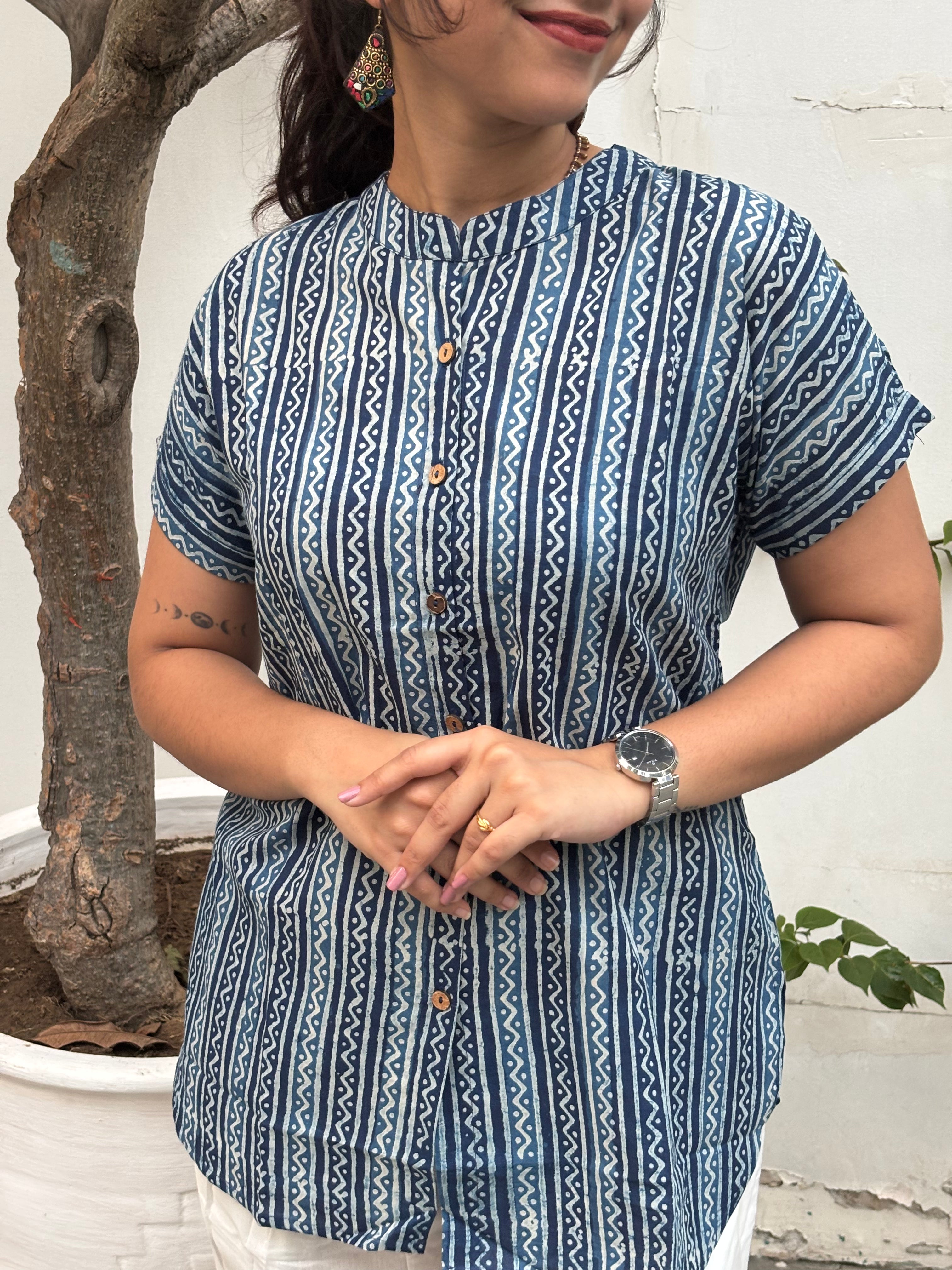 Nilah Indigo Hand Block Print Cotton Shirt