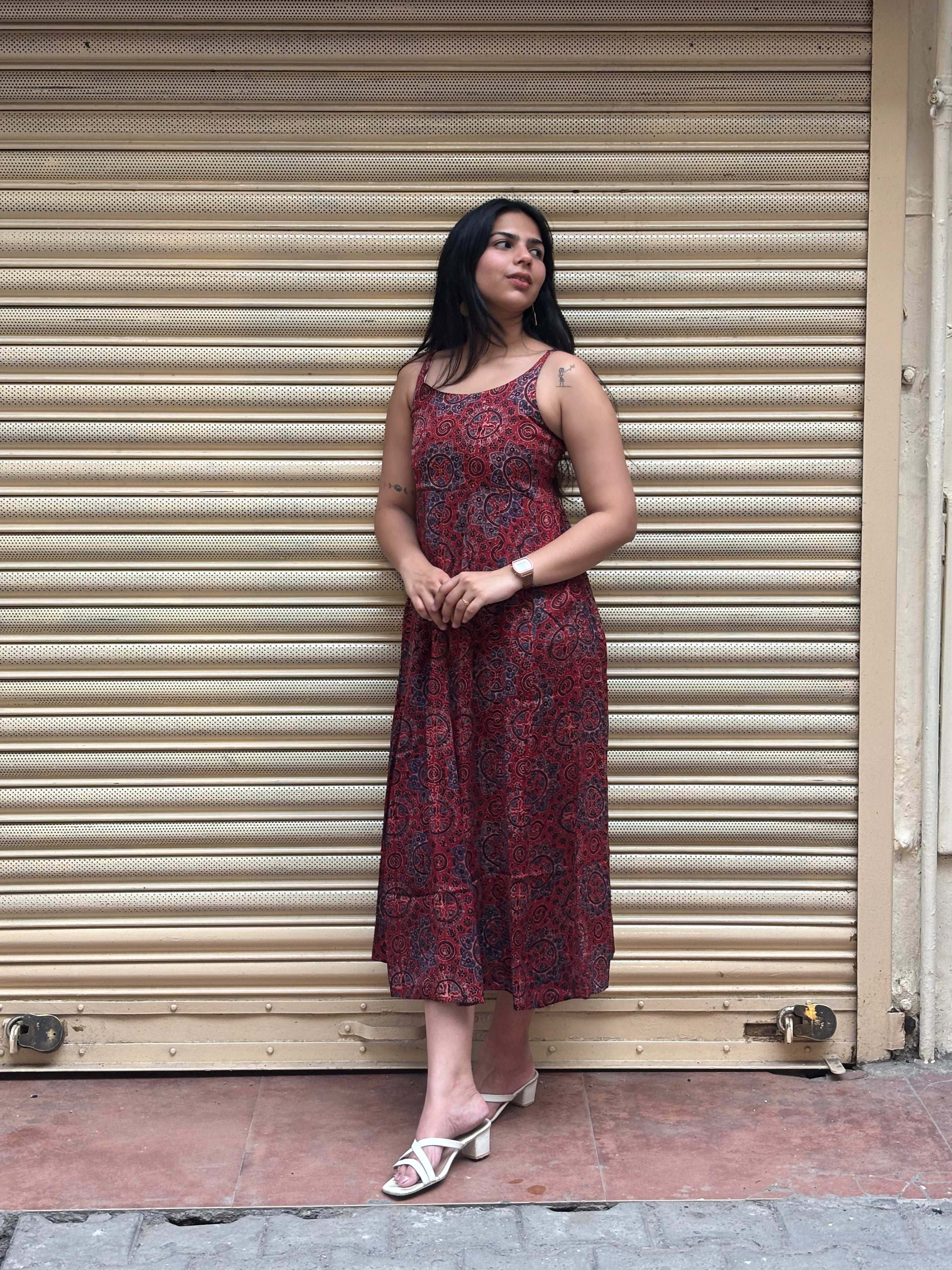 Karvi Ajrakh Hand Block Print Modal Silk Spaghetti Dress