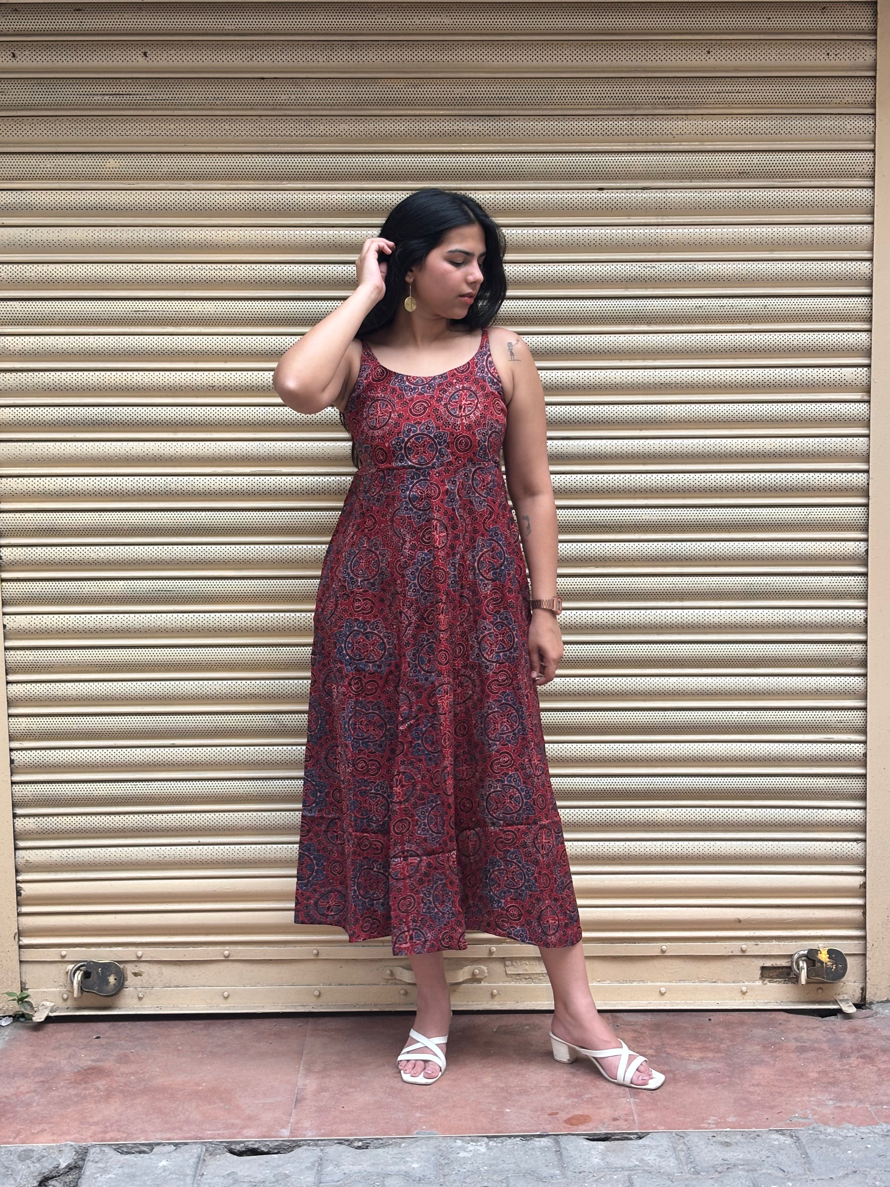 Karvi Ajrakh Hand Block Print Modal Silk Spaghetti Dress