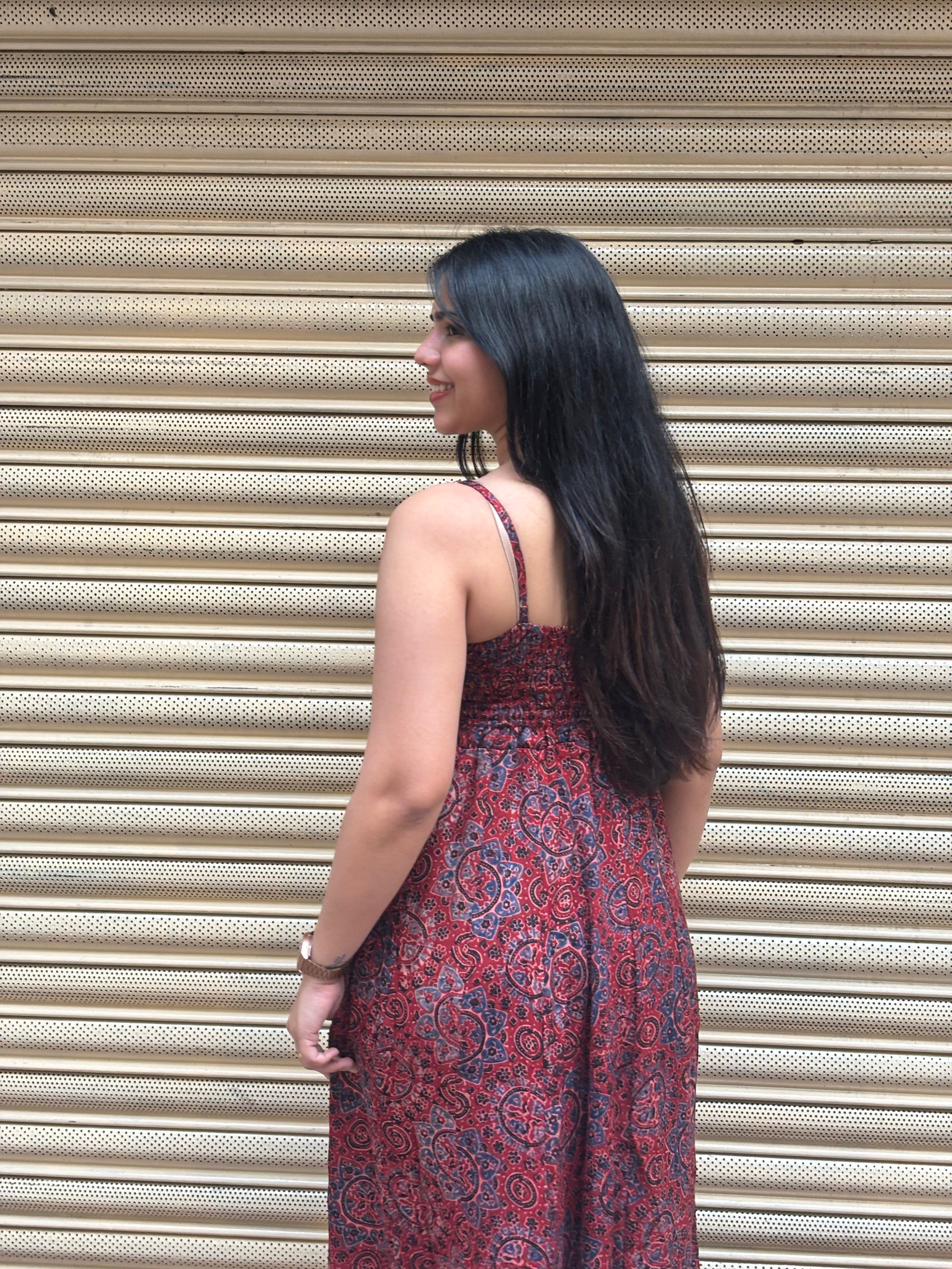 Karvi Ajrakh Hand Block Print Modal Silk Spaghetti Dress